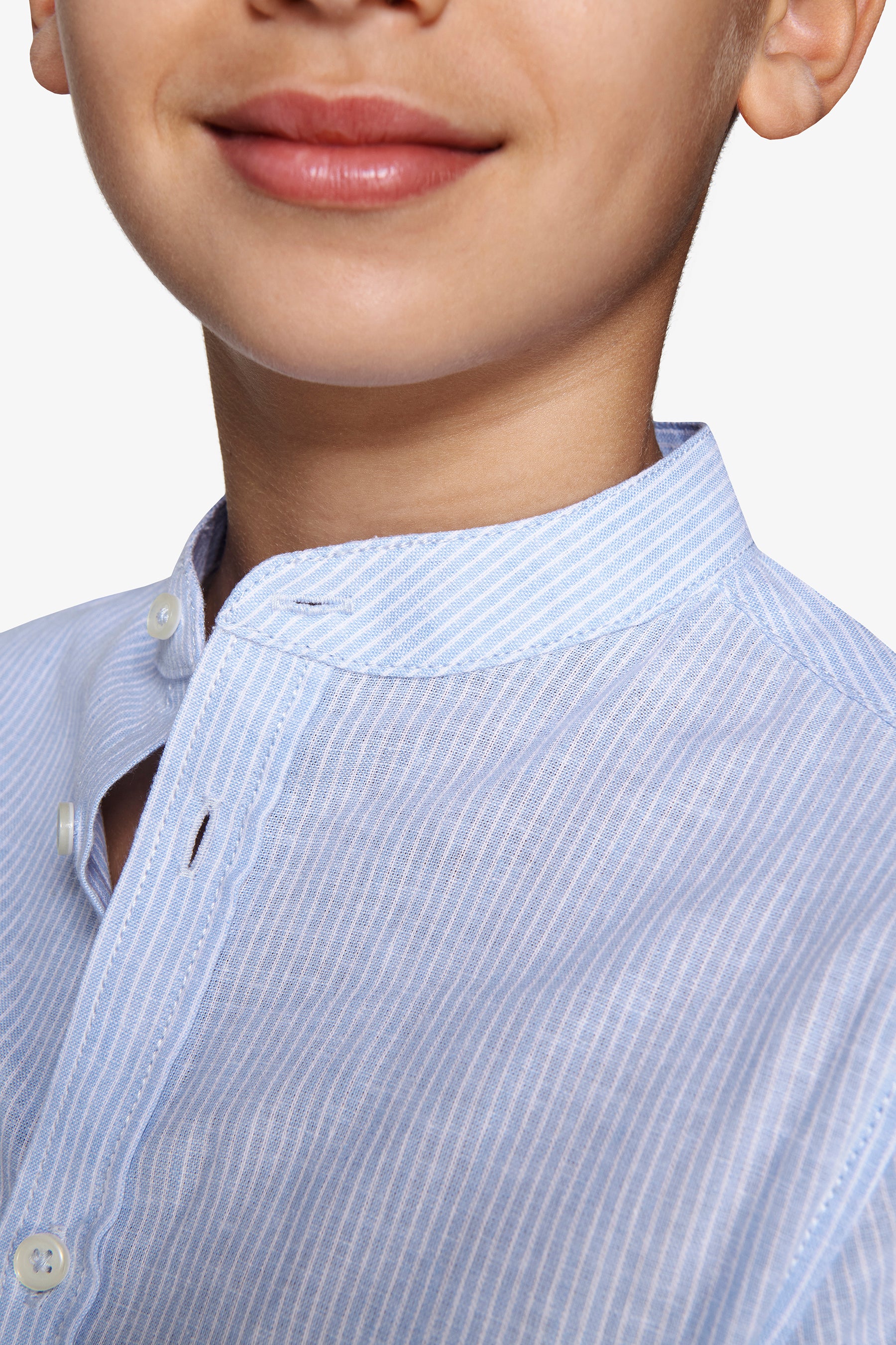 KIDS Light blue striped mandarin collar linen blend shirt
