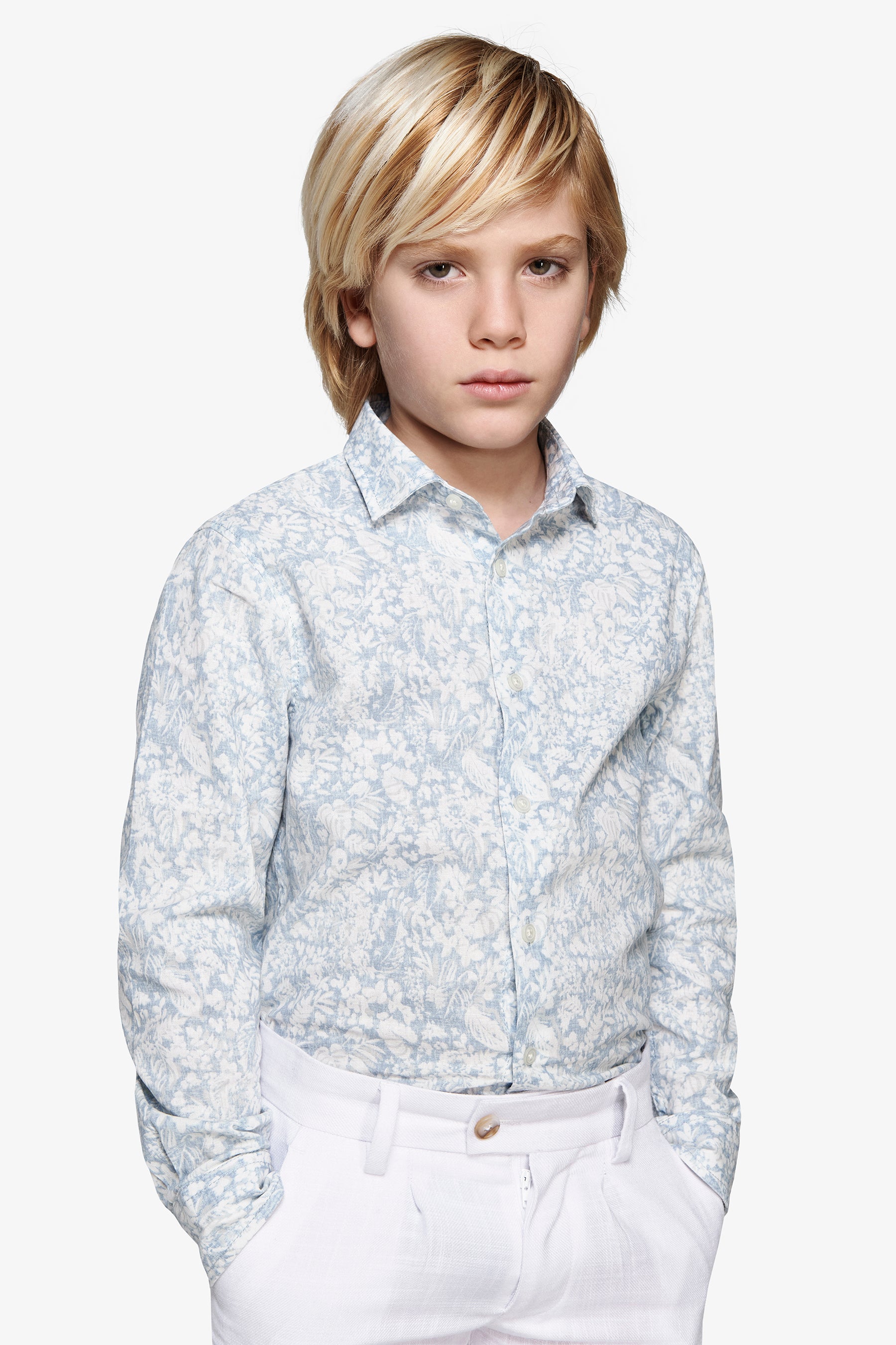 KIDS Light blue floral print linen blend shirt