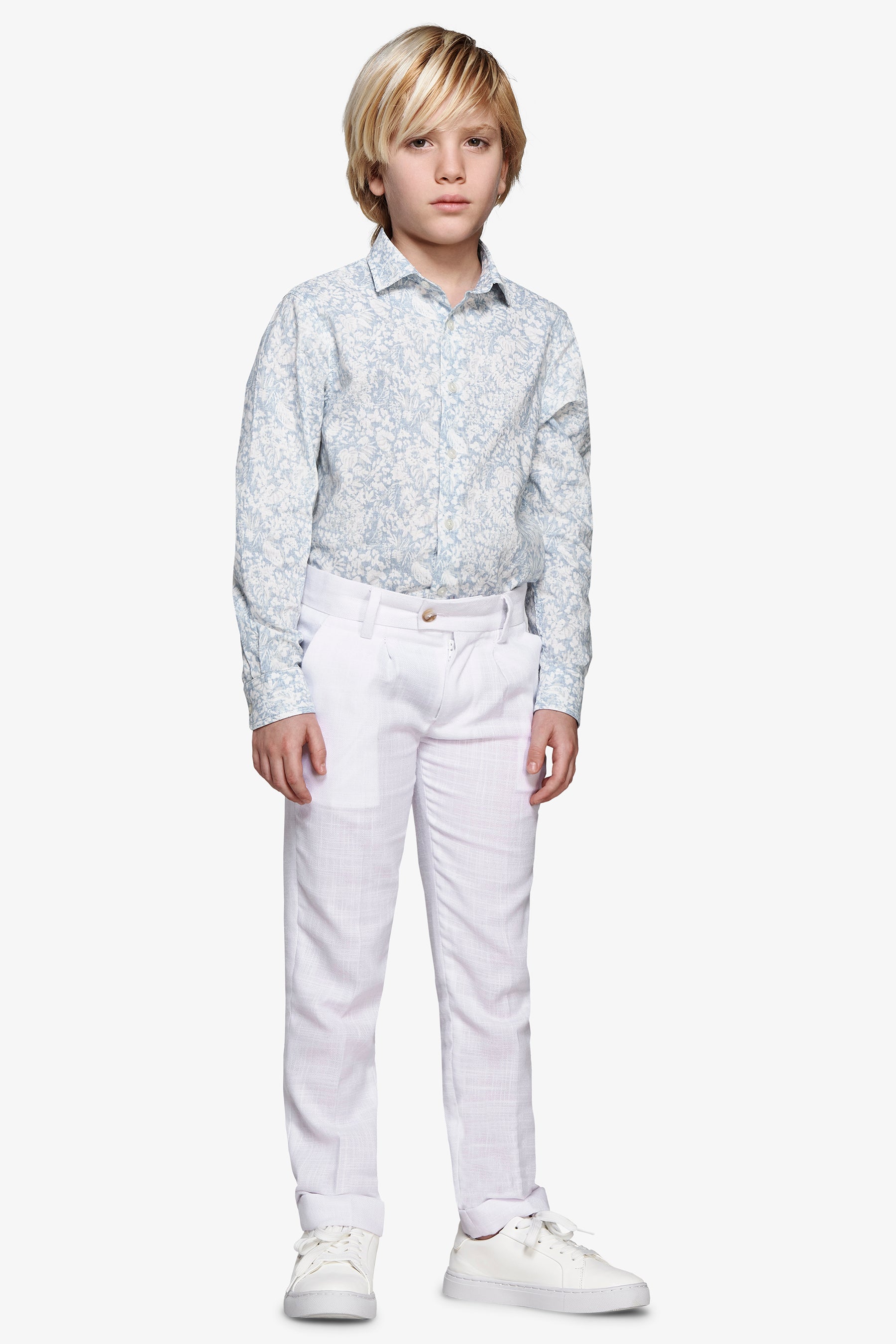 Camicia misto lino stampa fiori celeste Kids-Dan John
