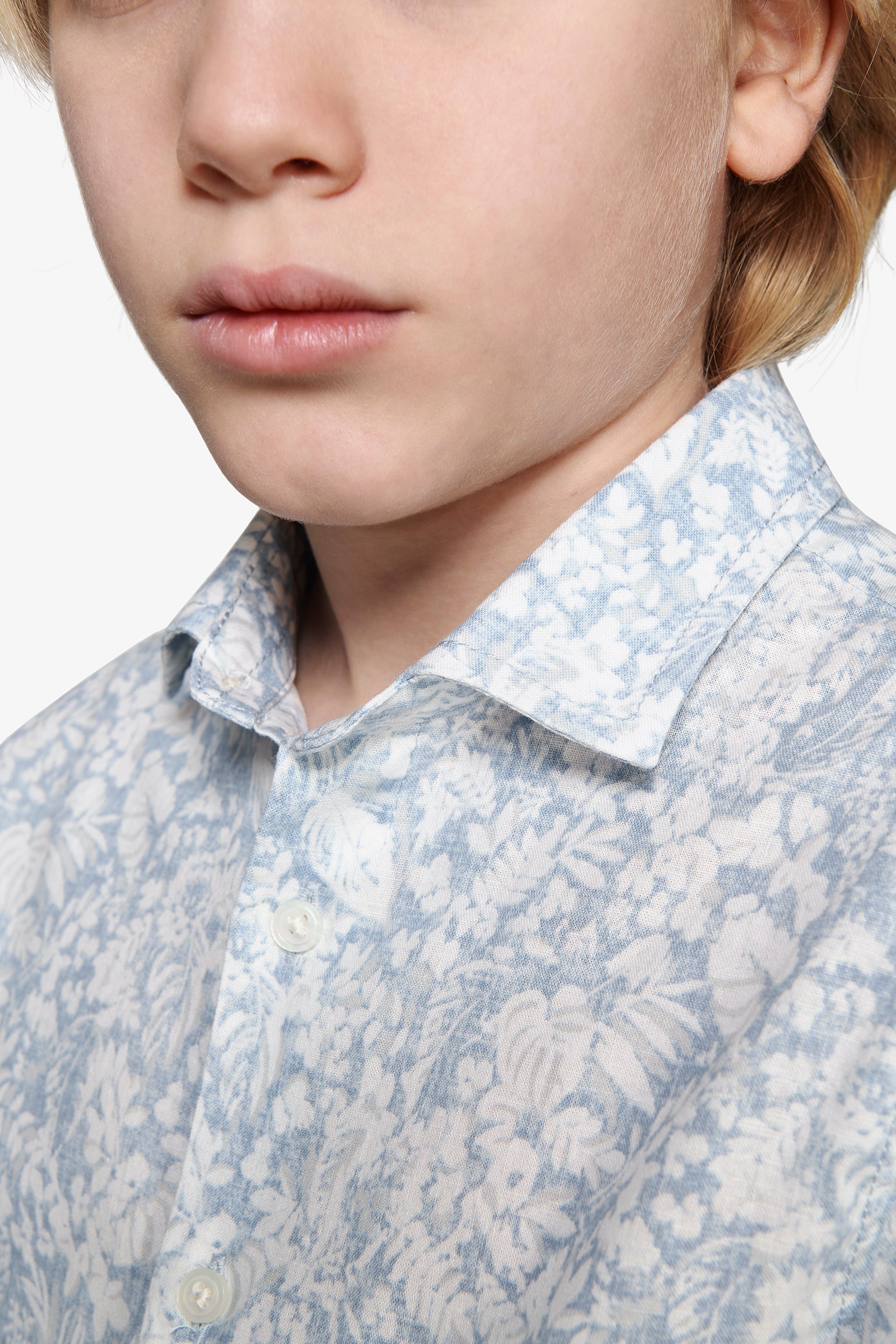 KIDS Light blue floral print linen blend shirt
