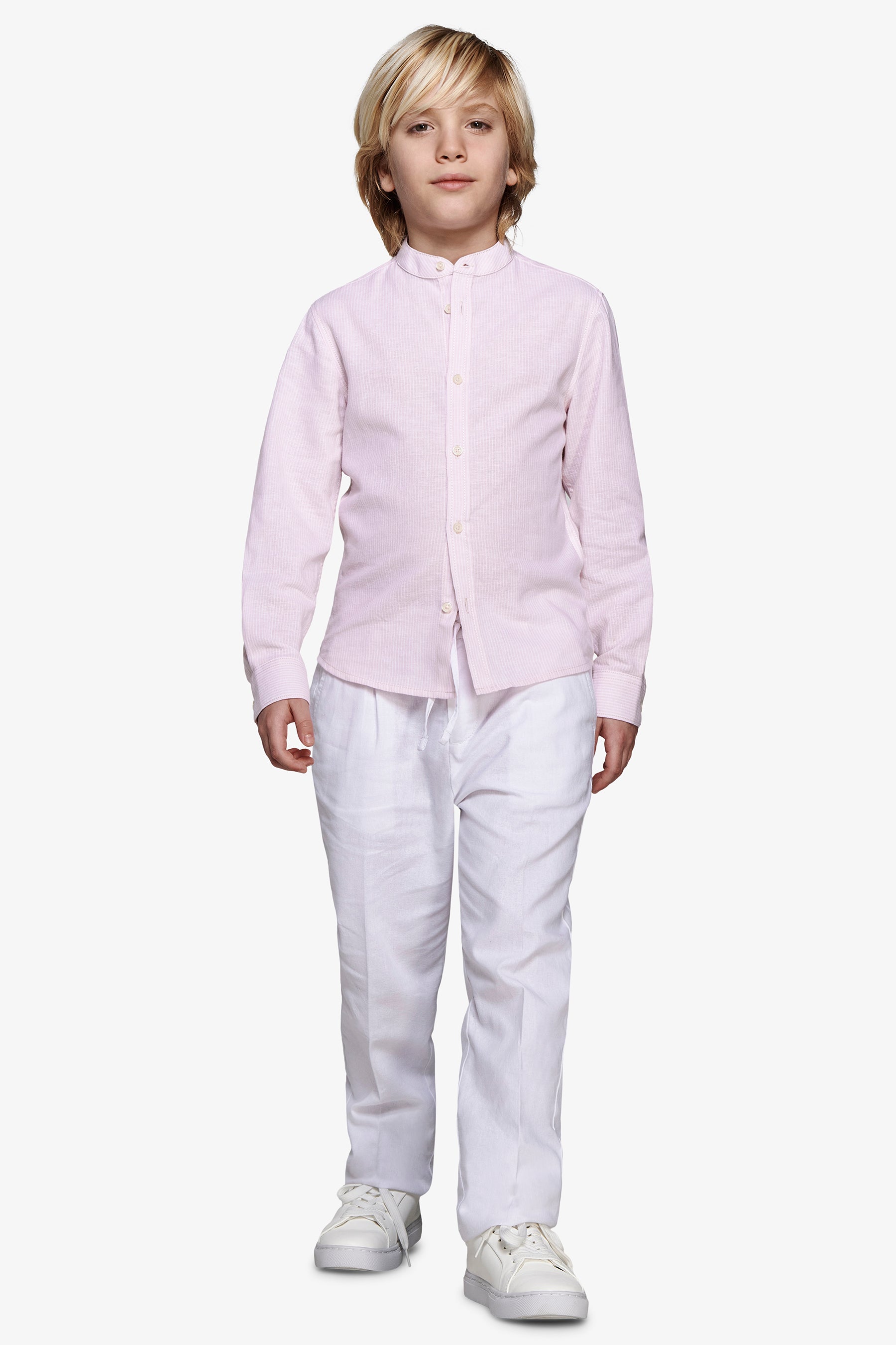 KIDS Pink striped mandarin collar linen blend shirt
