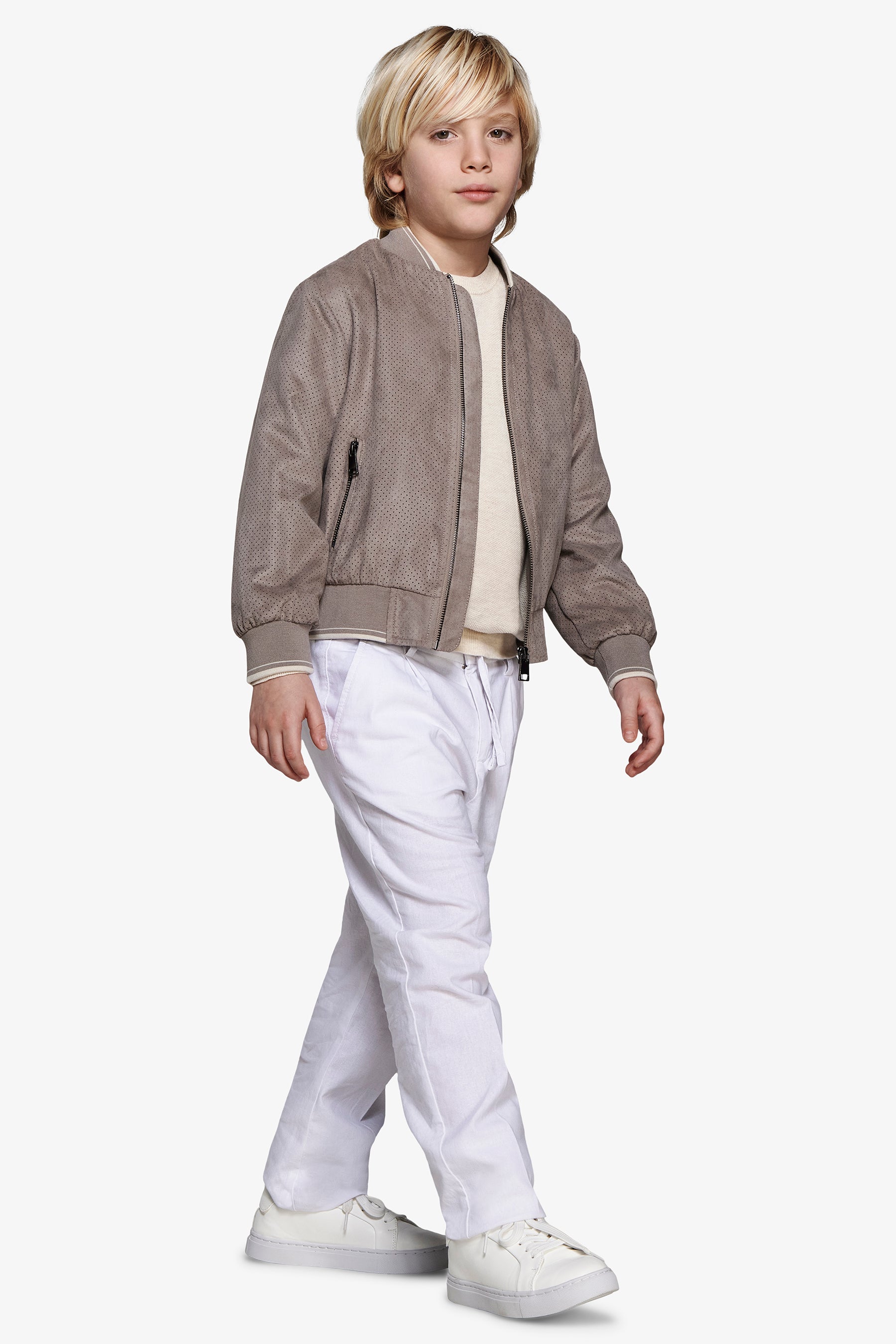 Kinder-Bomberjacke aus perforiertem Öko-Wildleder in Taupe.