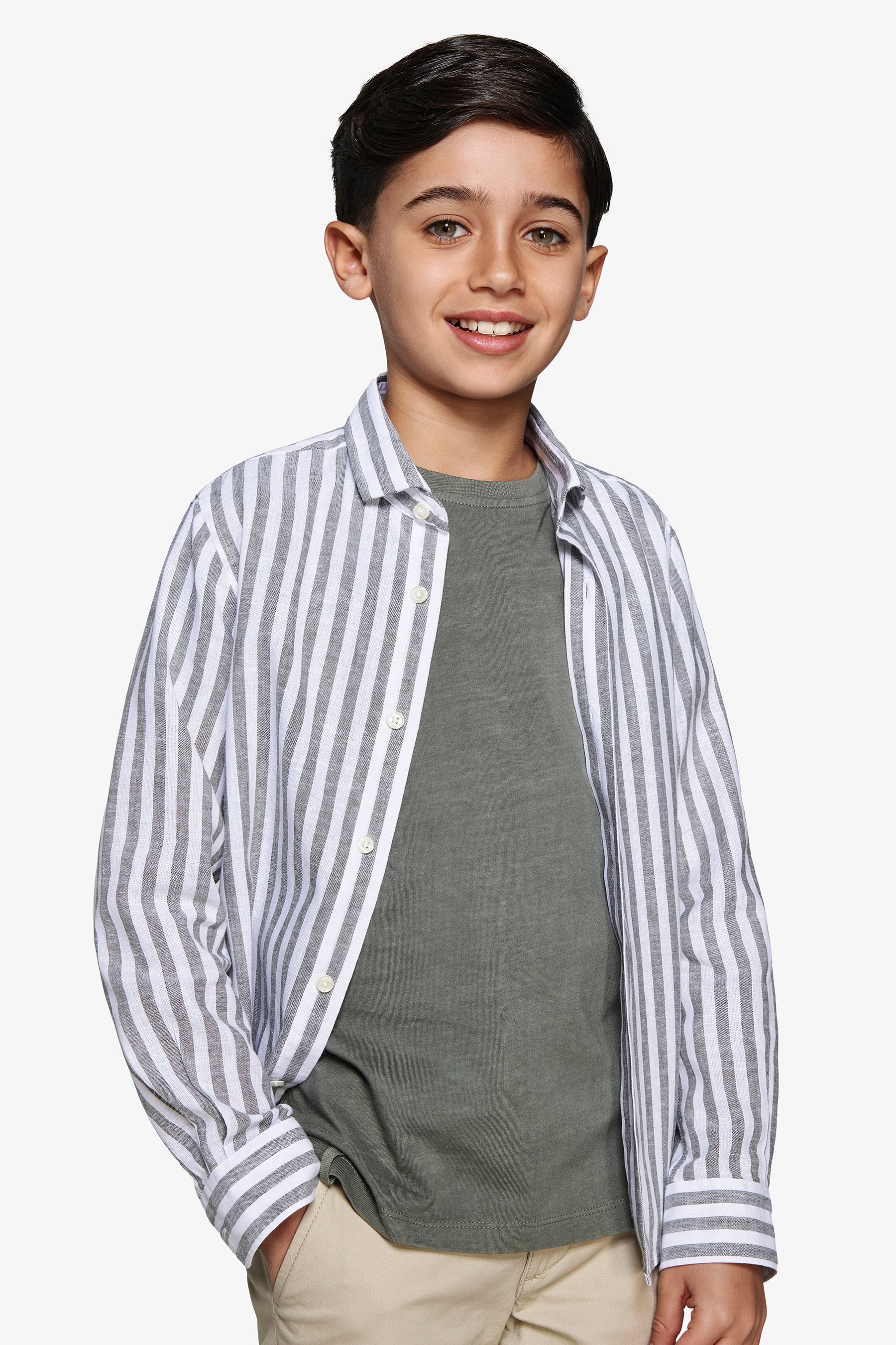 Camisa en mezcla de lino a rayas verde Kids