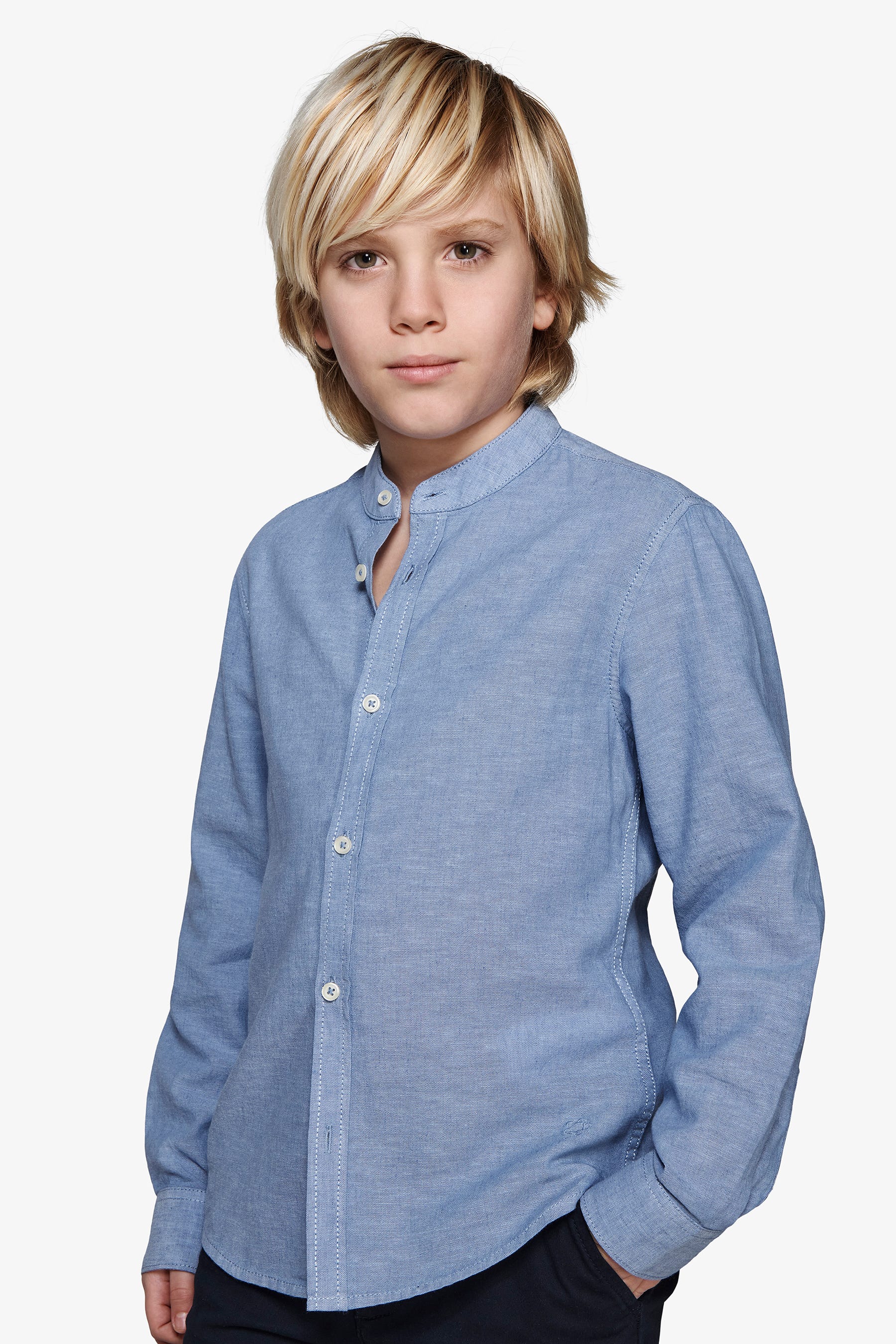 KIDS Avion mandarin collar linen blend shirt