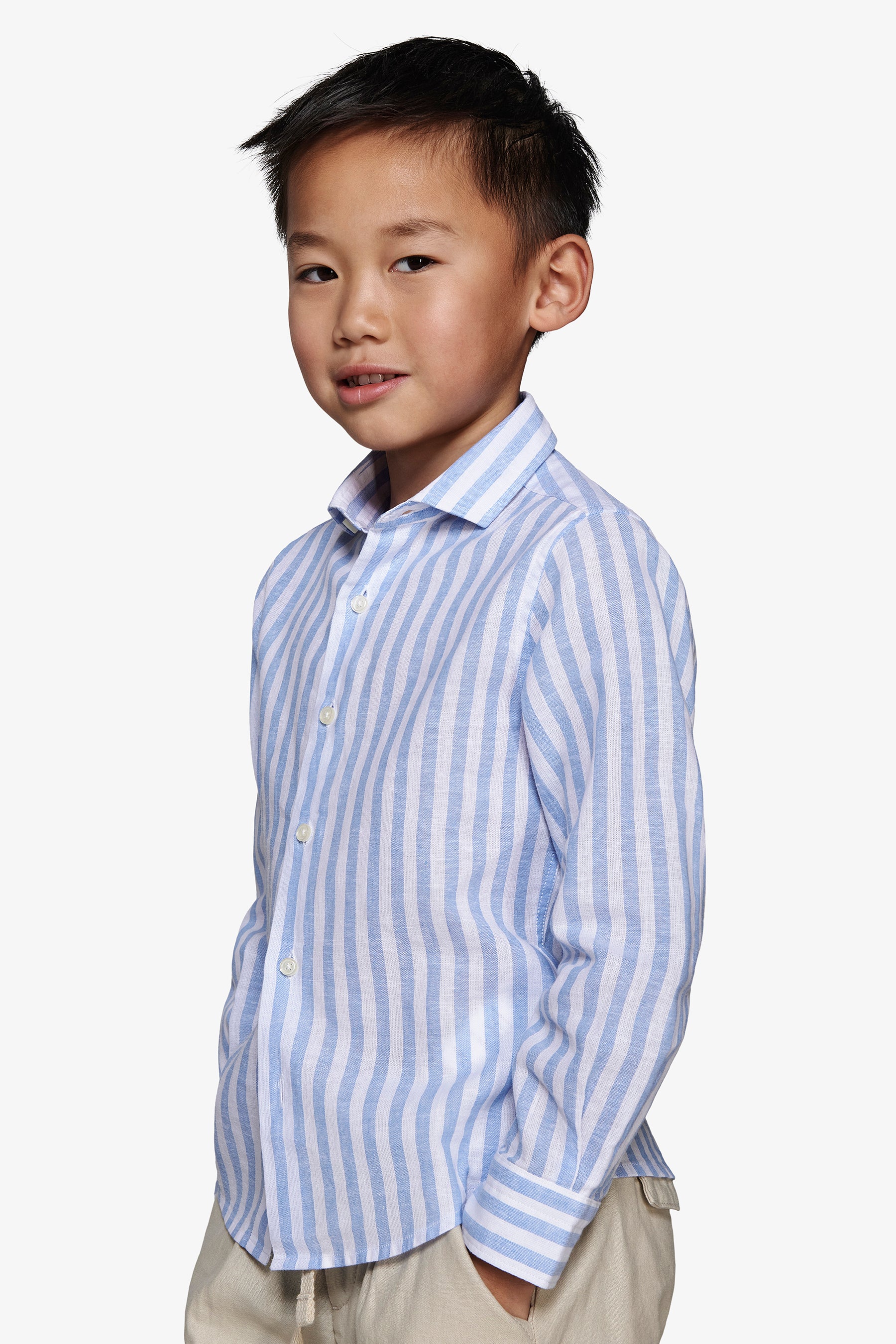 Camicia misto lino a righe celeste Kids