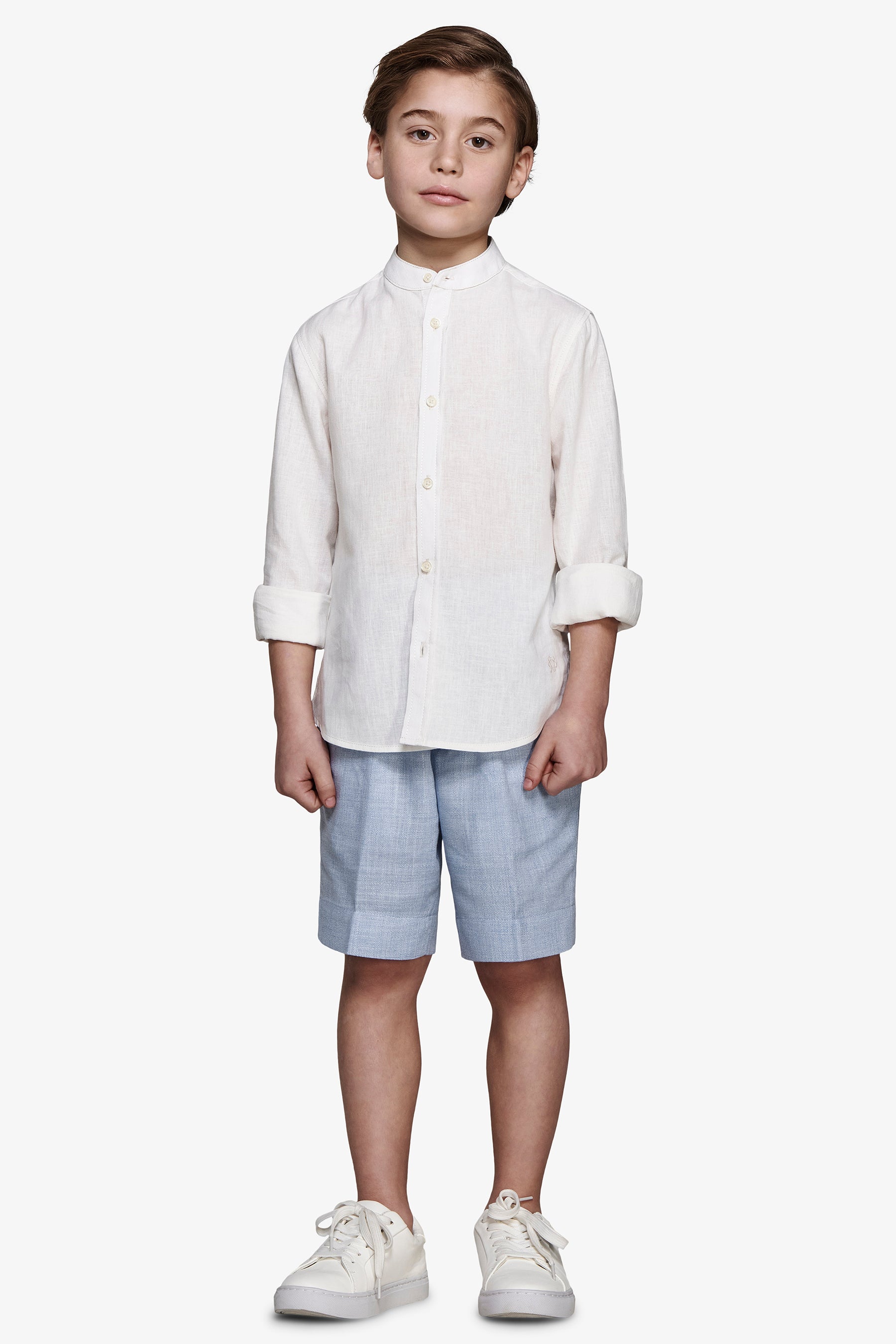 KIDS Cream linen blend mandarin collar shirt
