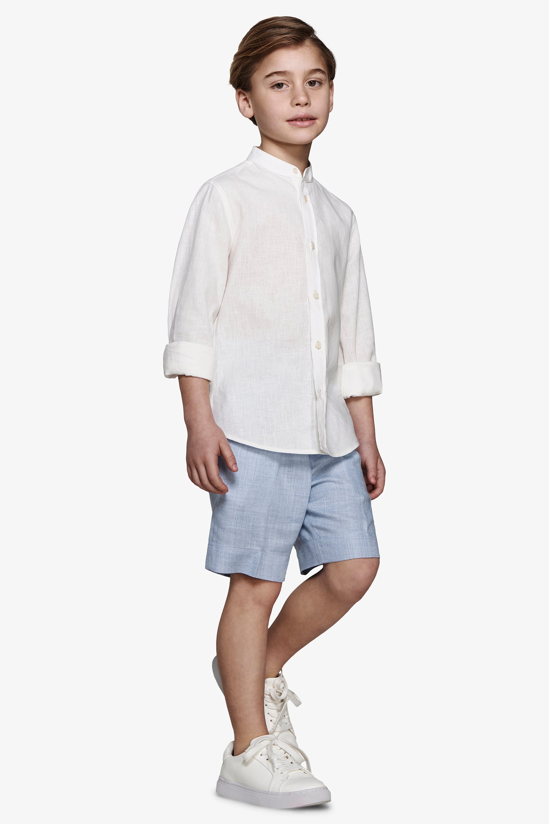 KIDS Cream linen blend mandarin collar shirt