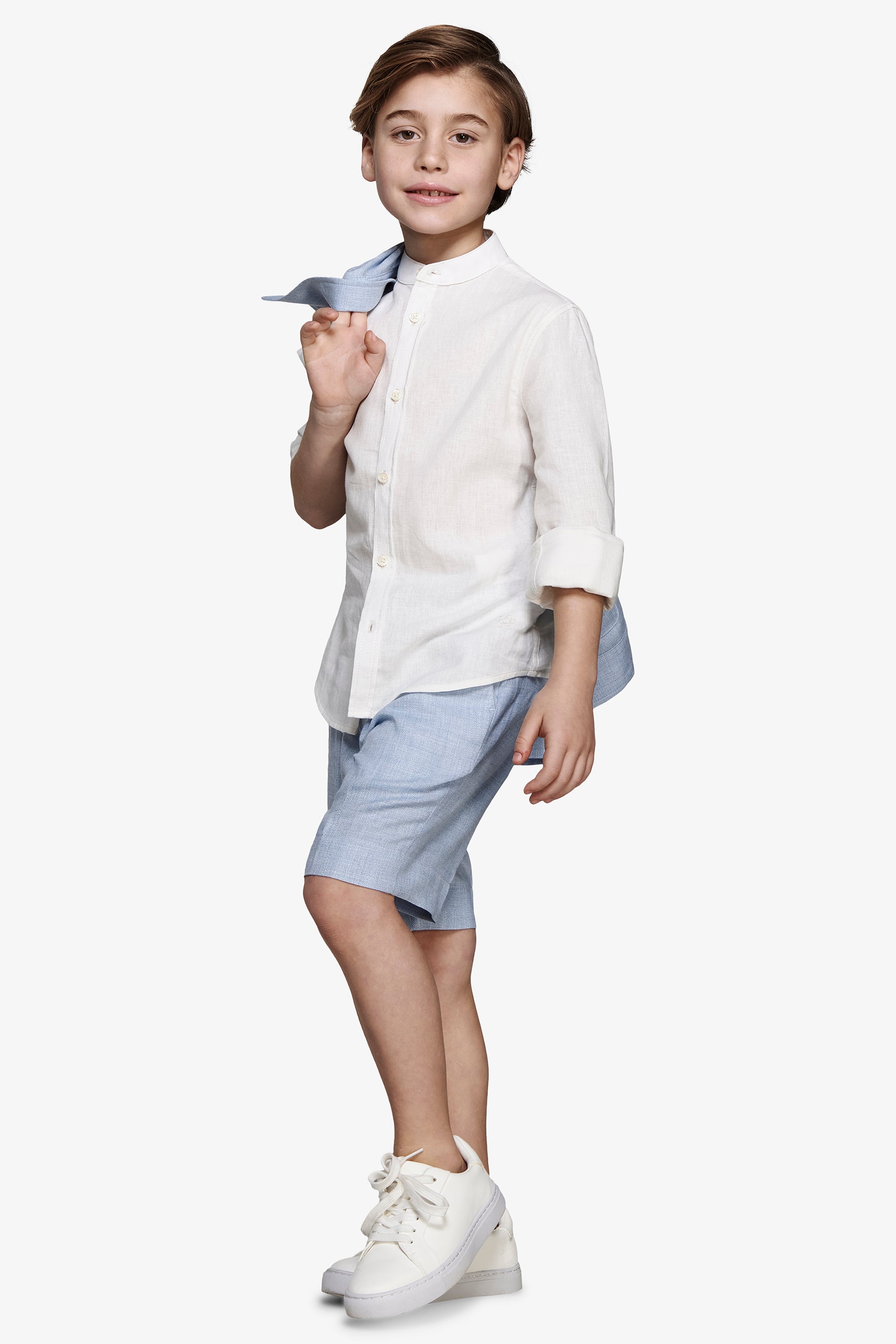 KIDS Cream linen blend mandarin collar shirt