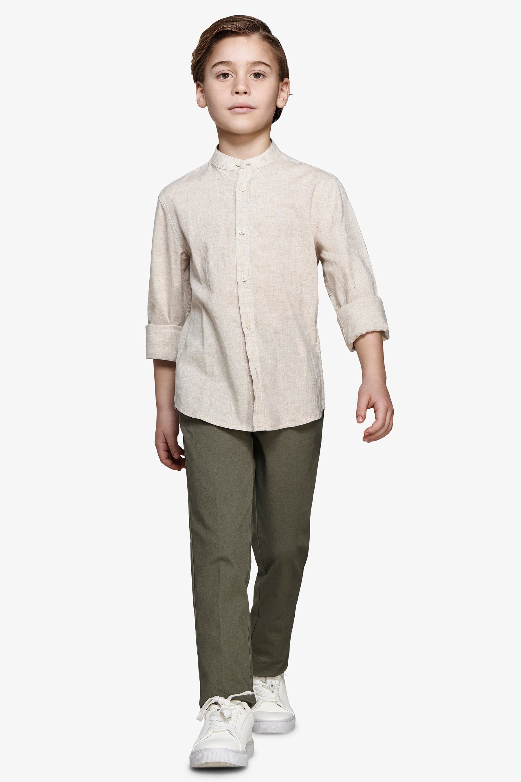 KIDS Beige linen blend mandarin collar shirt