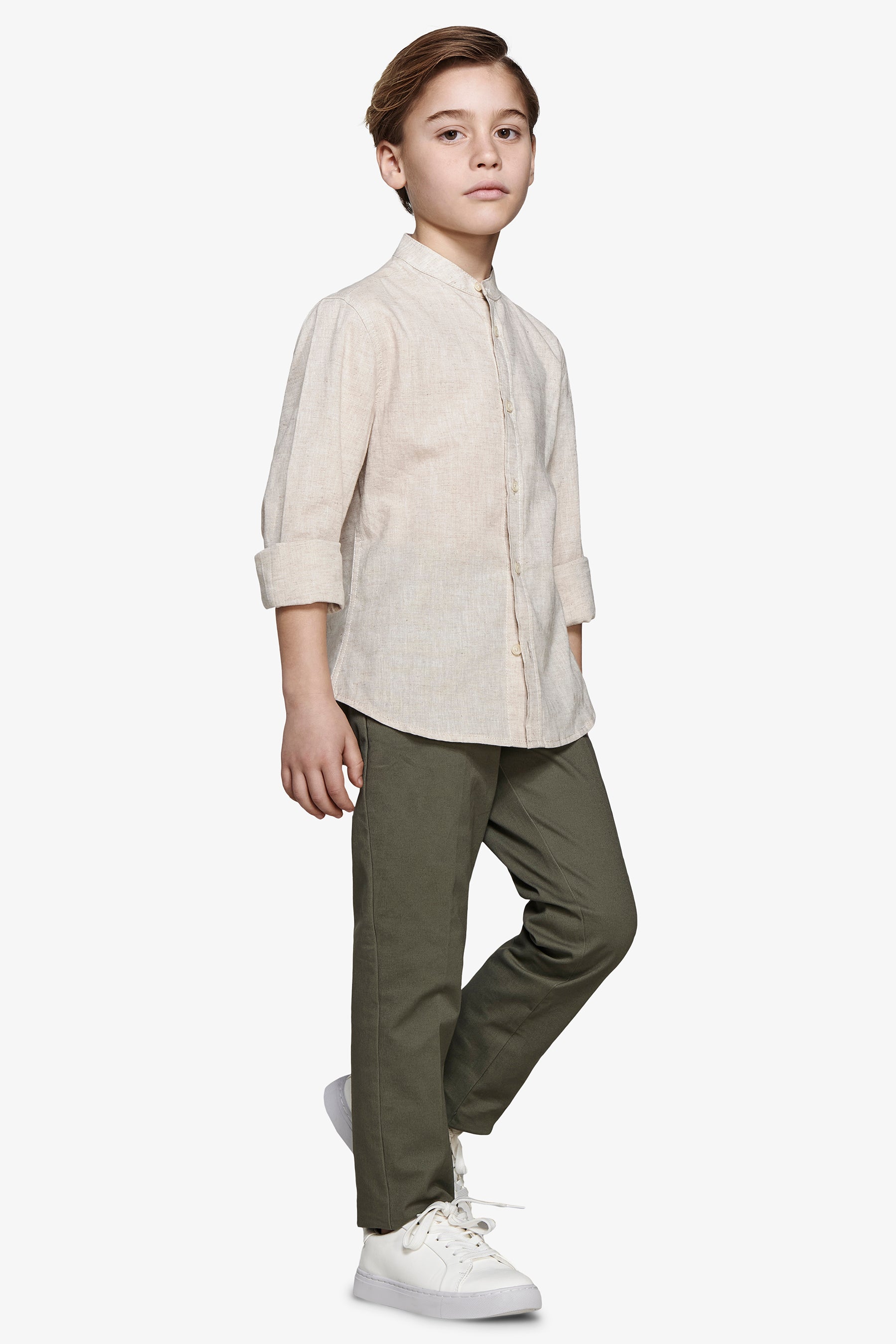 KIDS Beige linen blend mandarin collar shirt
