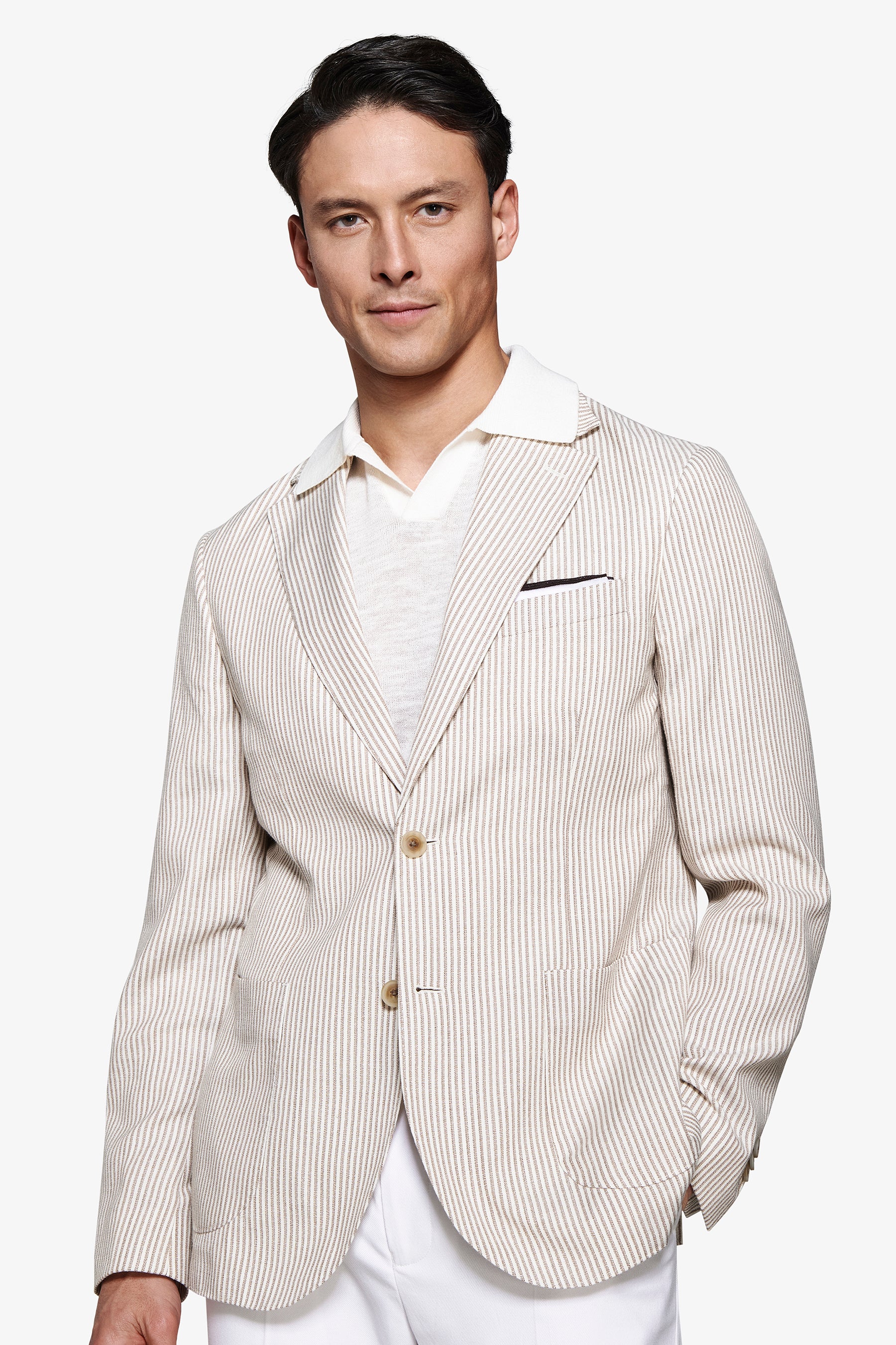 Giacca misto lino a righe tortora