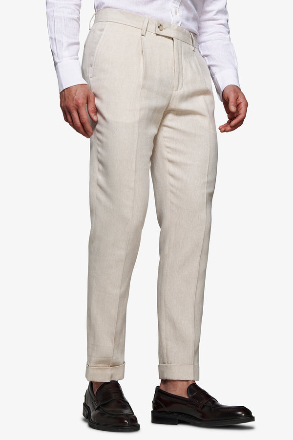 Sand linen blend Herringbone trousers