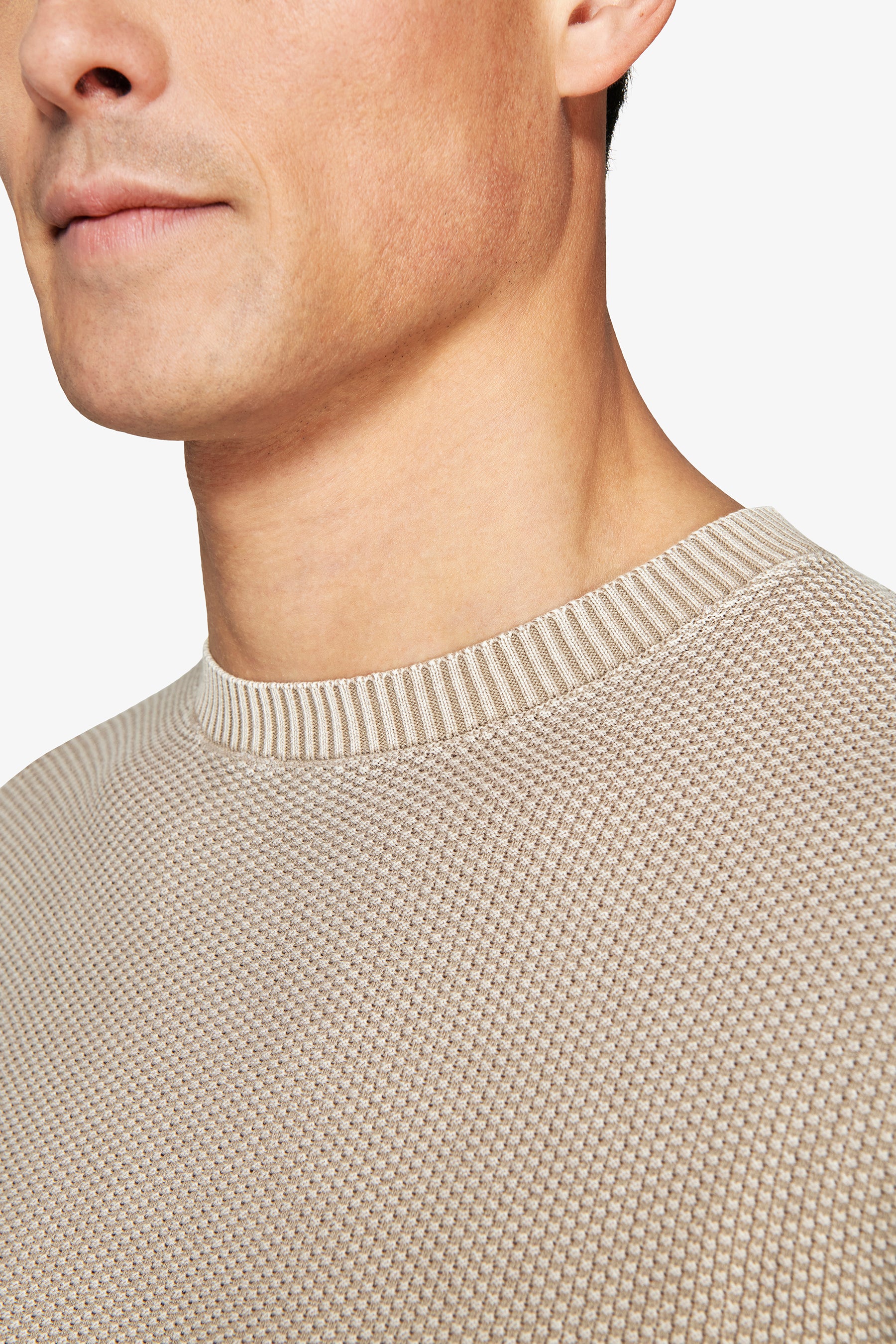 Rundhalspullover mit Reiskornmuster in Taupe.