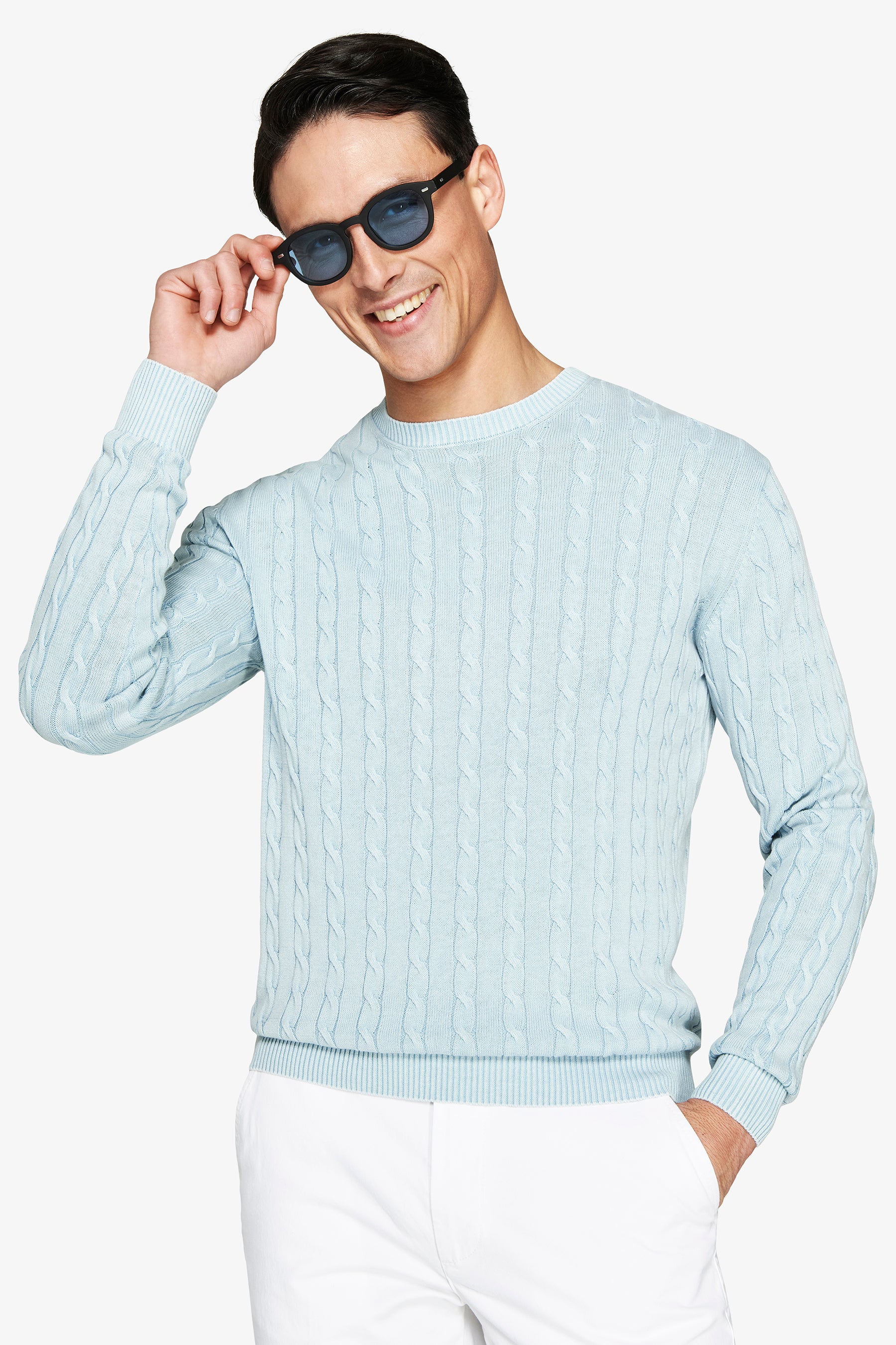 Maglia girocollo treccia costa piatta celeste-Dan John