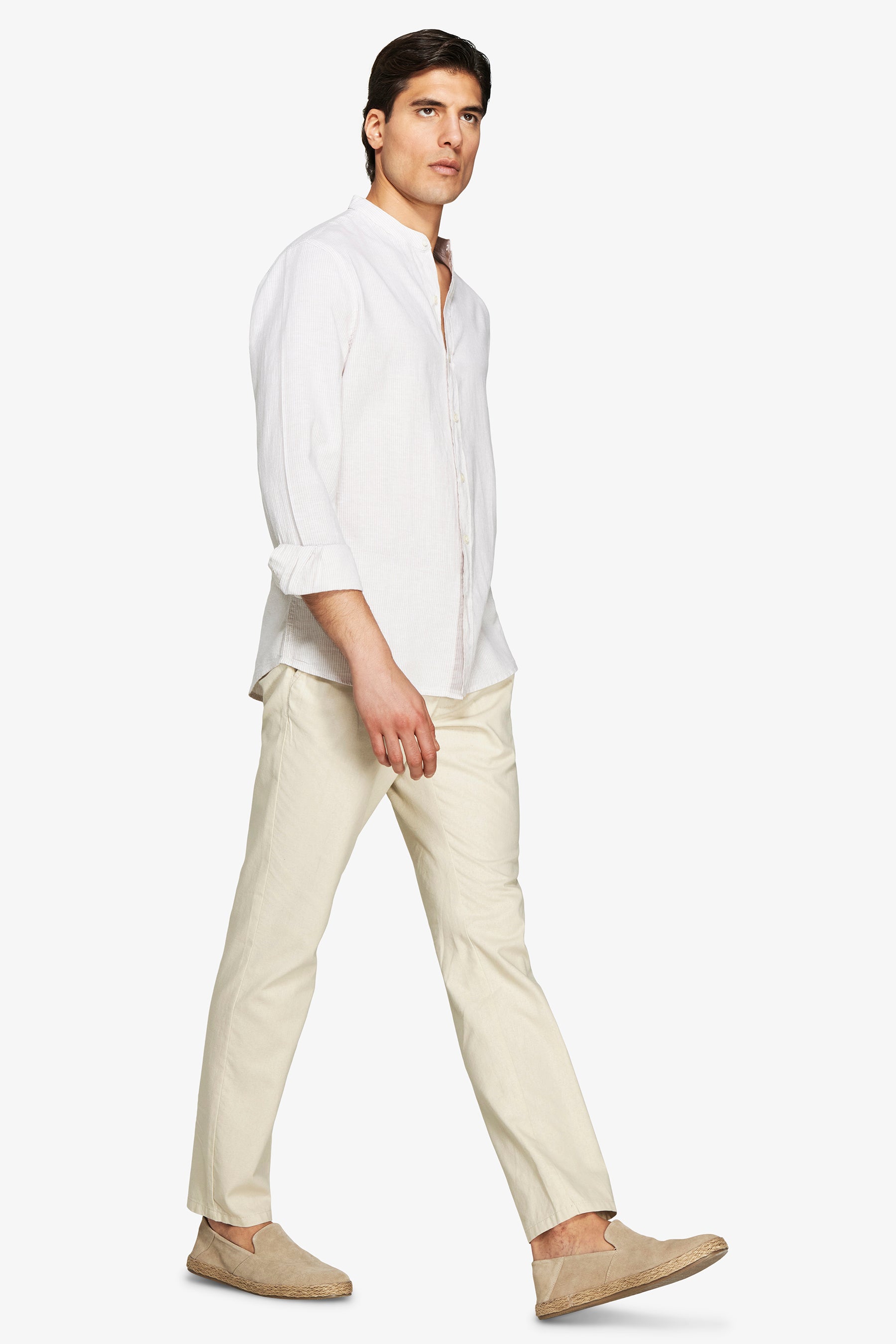 Sand linen blend striped mandarin collar shirt