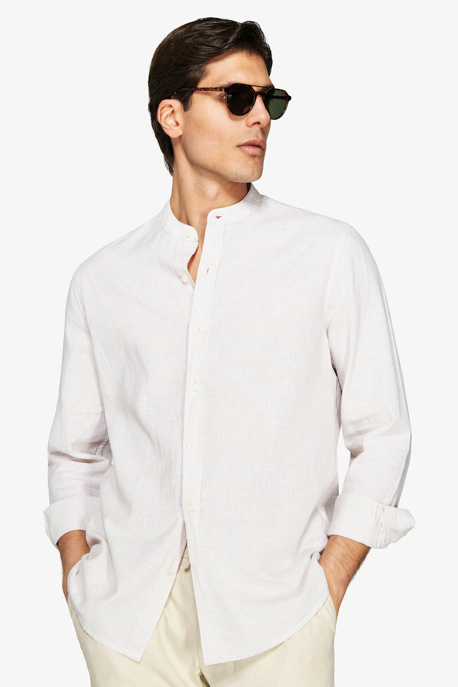 Sand linen blend striped mandarin collar shirt