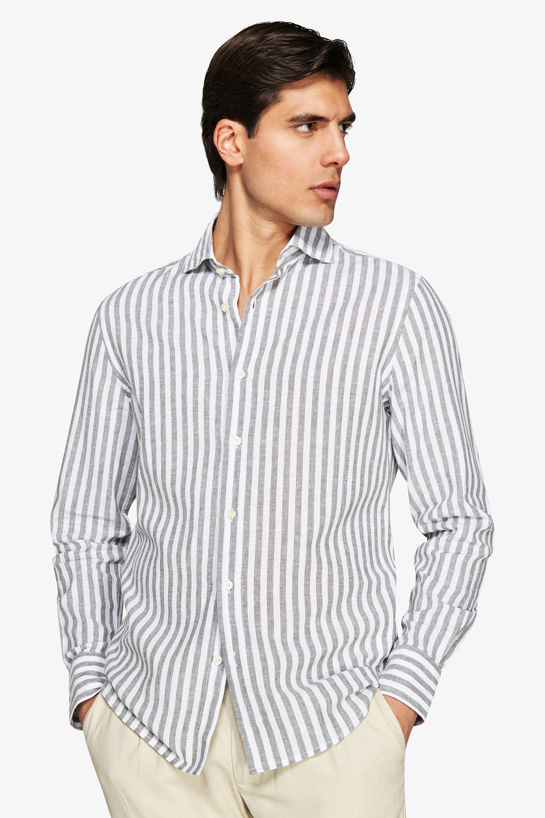 Camicia misto lino a righe verde