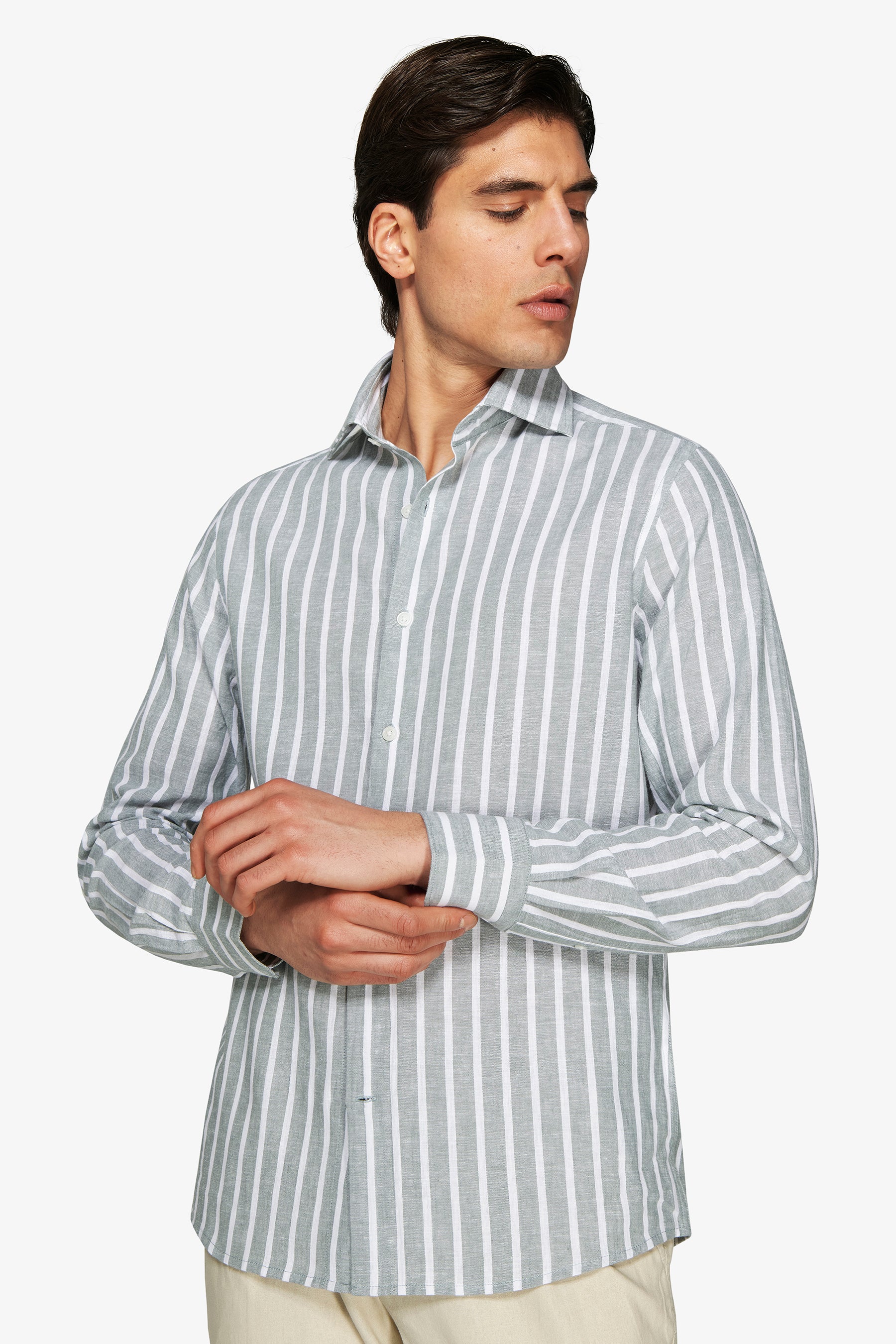 Green linen blend striped shirt