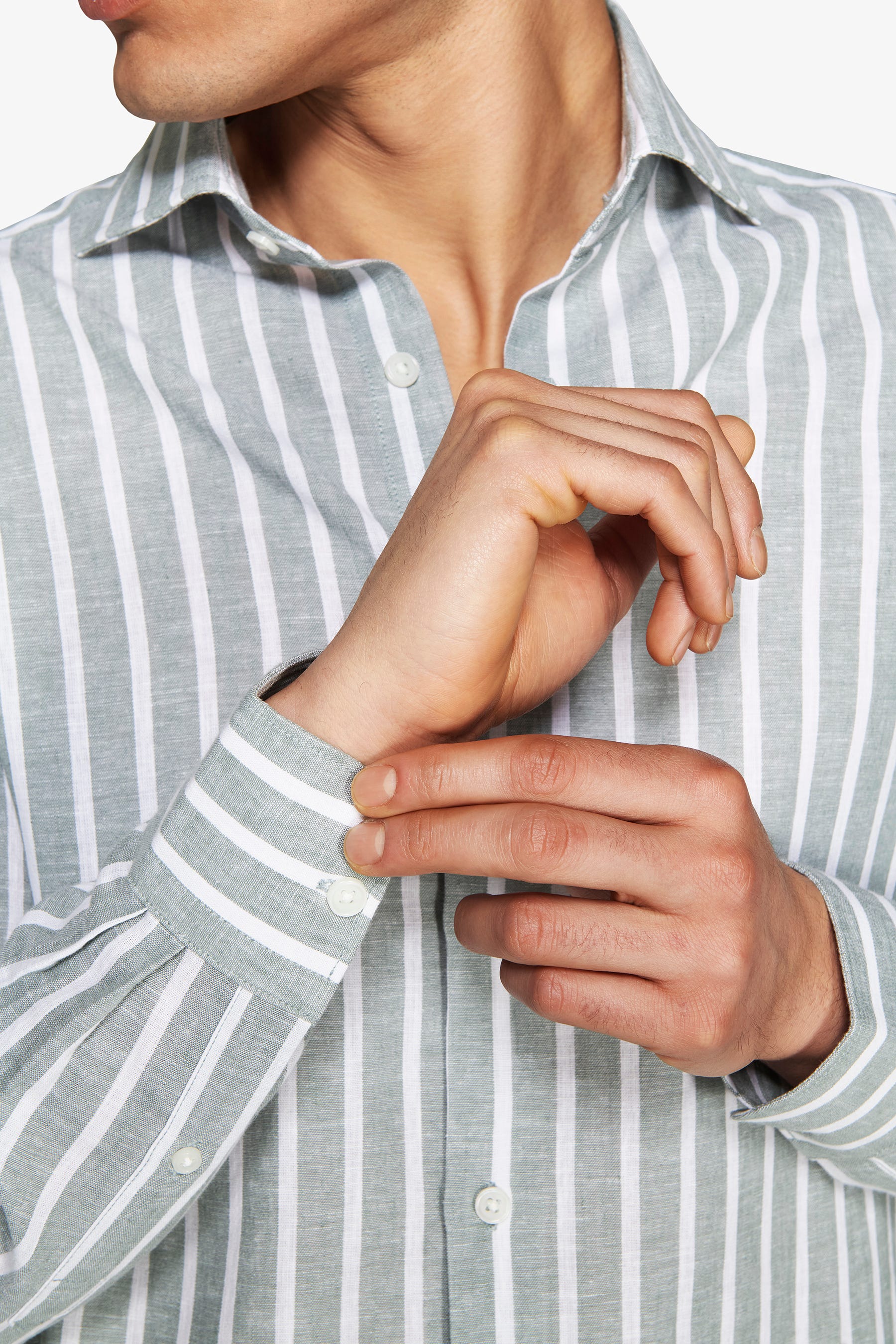 Green linen blend striped shirt