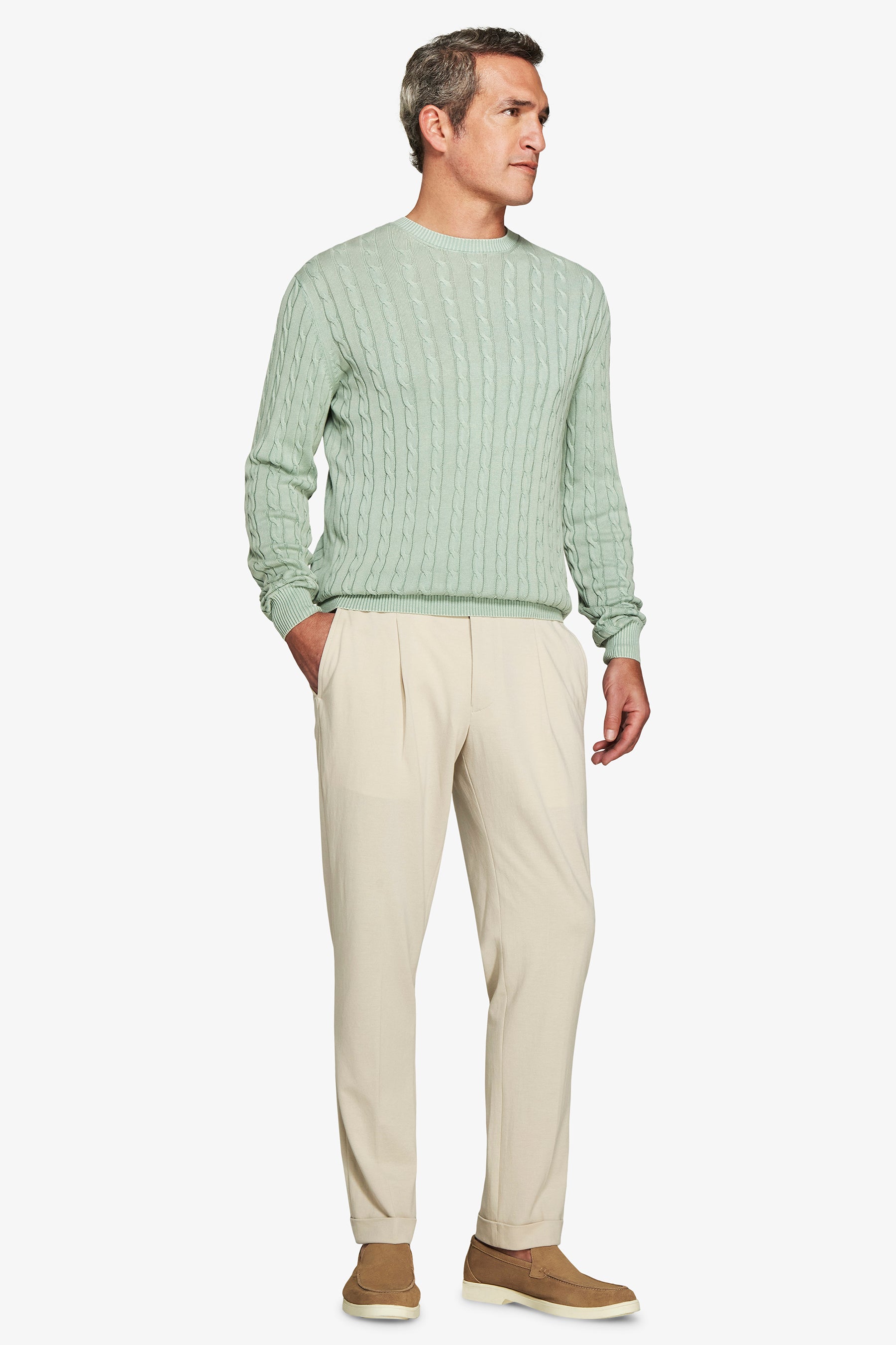 Maglia girocollo treccia costa piatta salvia-Dan John