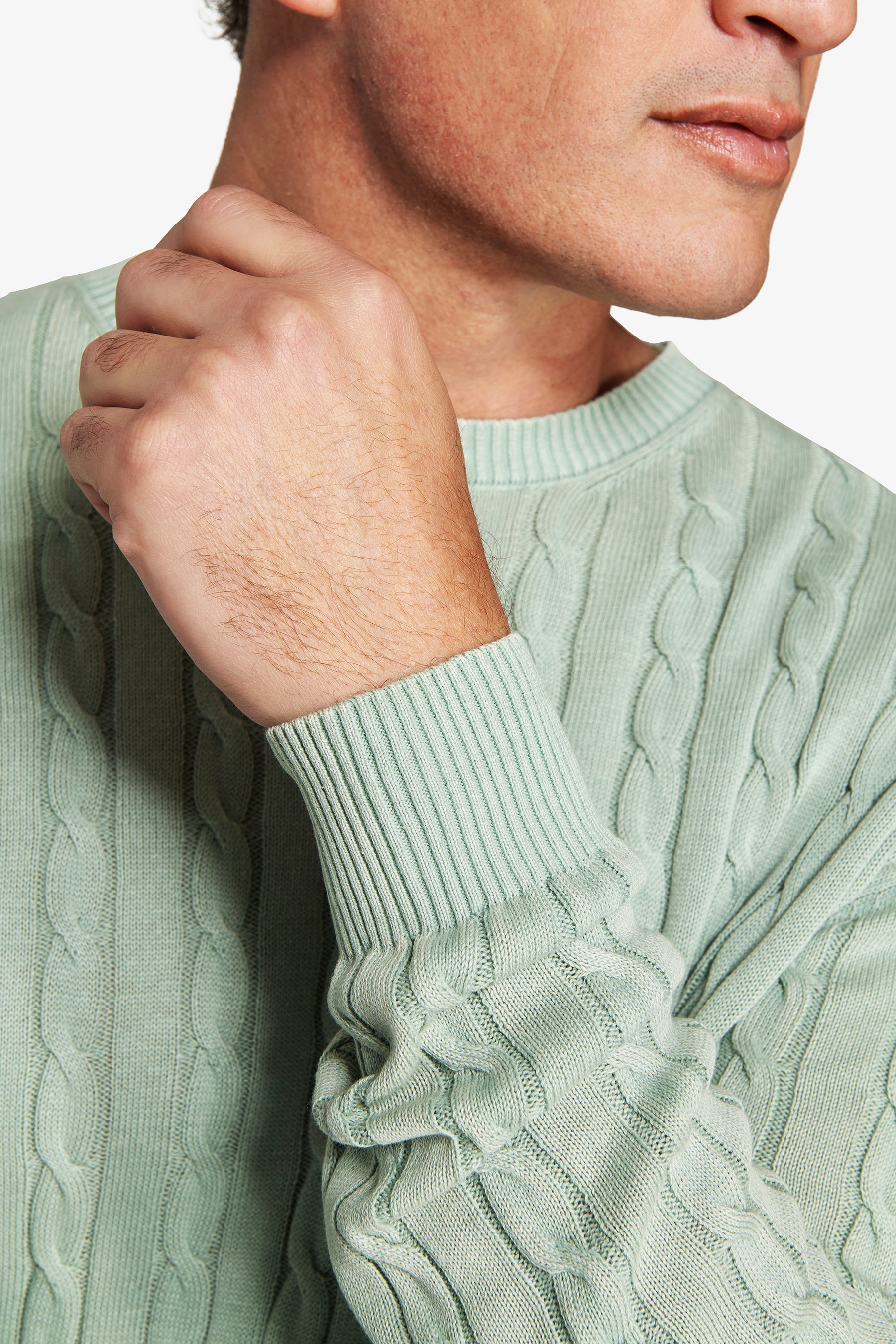 Maglia girocollo treccia costa piatta salvia-Dan John