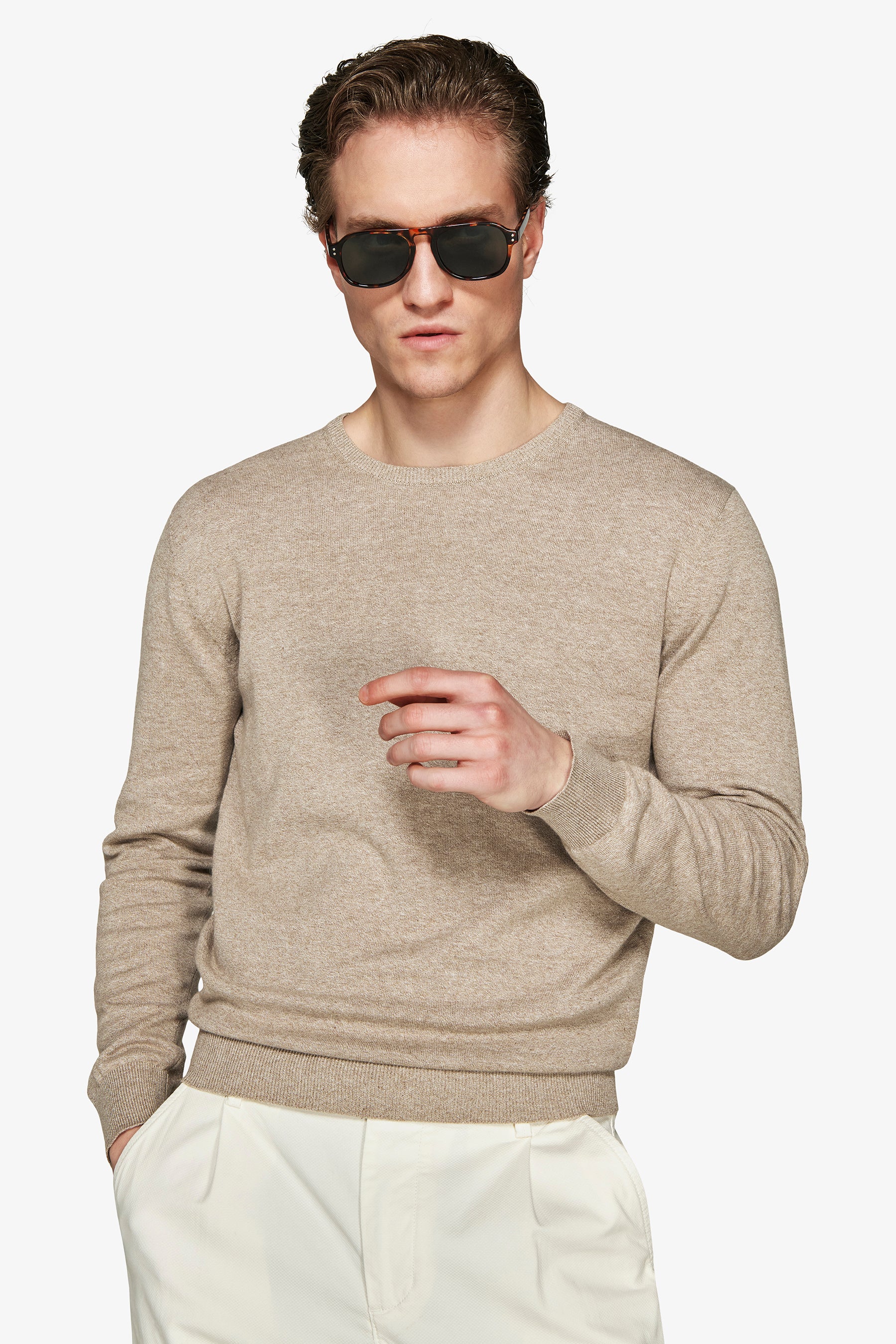 Taupe basic crewneck cotton sweater