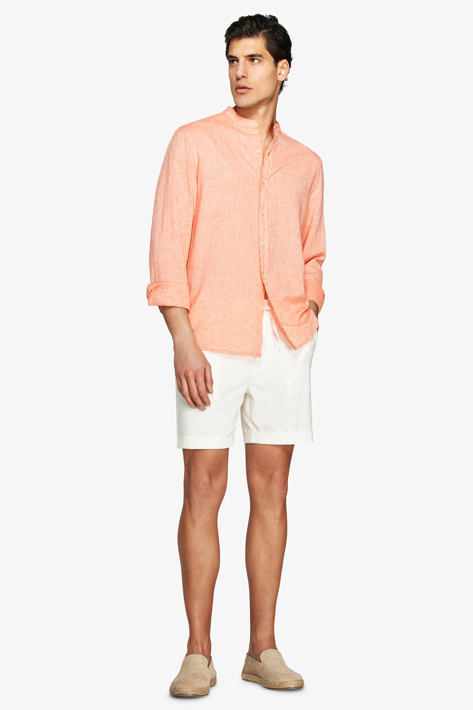 Orange linen blend mandarin collar shirt