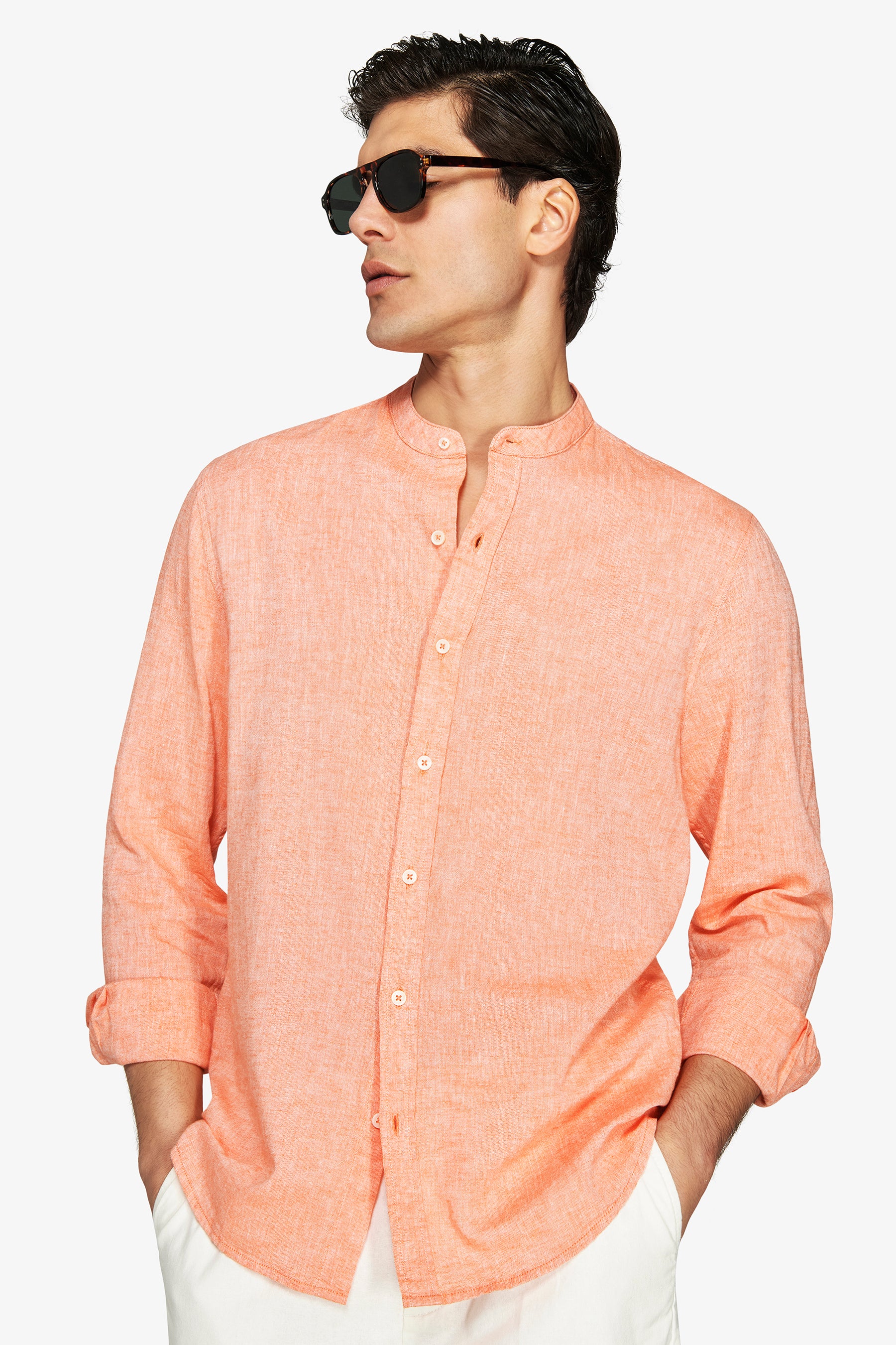 Orange linen blend mandarin collar shirt
