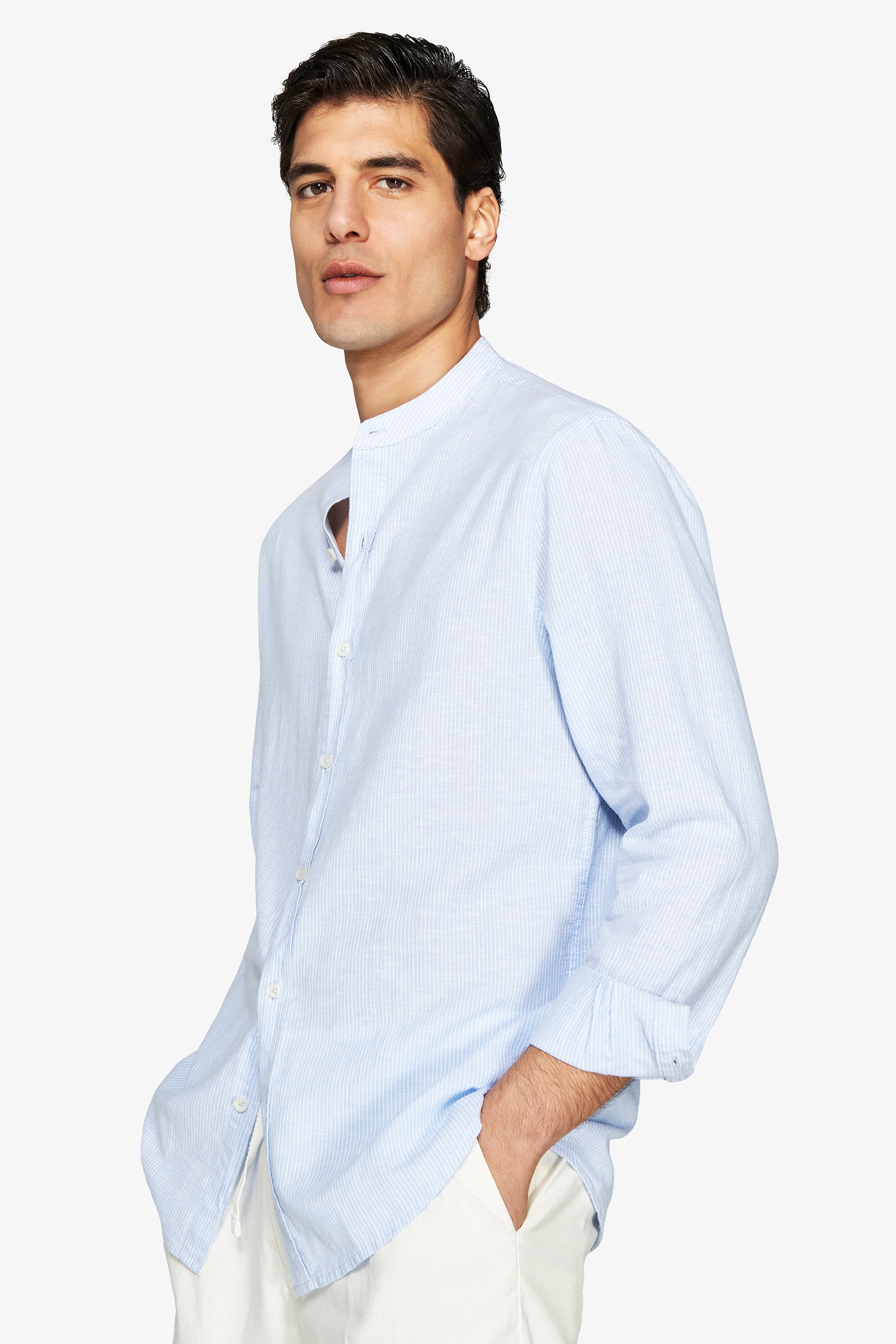 Camicia misto lino coreana a righe celeste