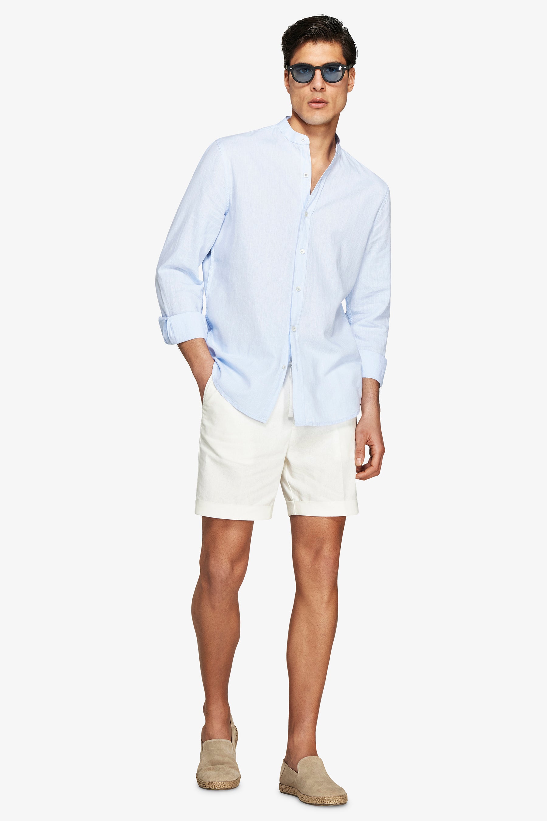 Camicia misto lino coreana celeste