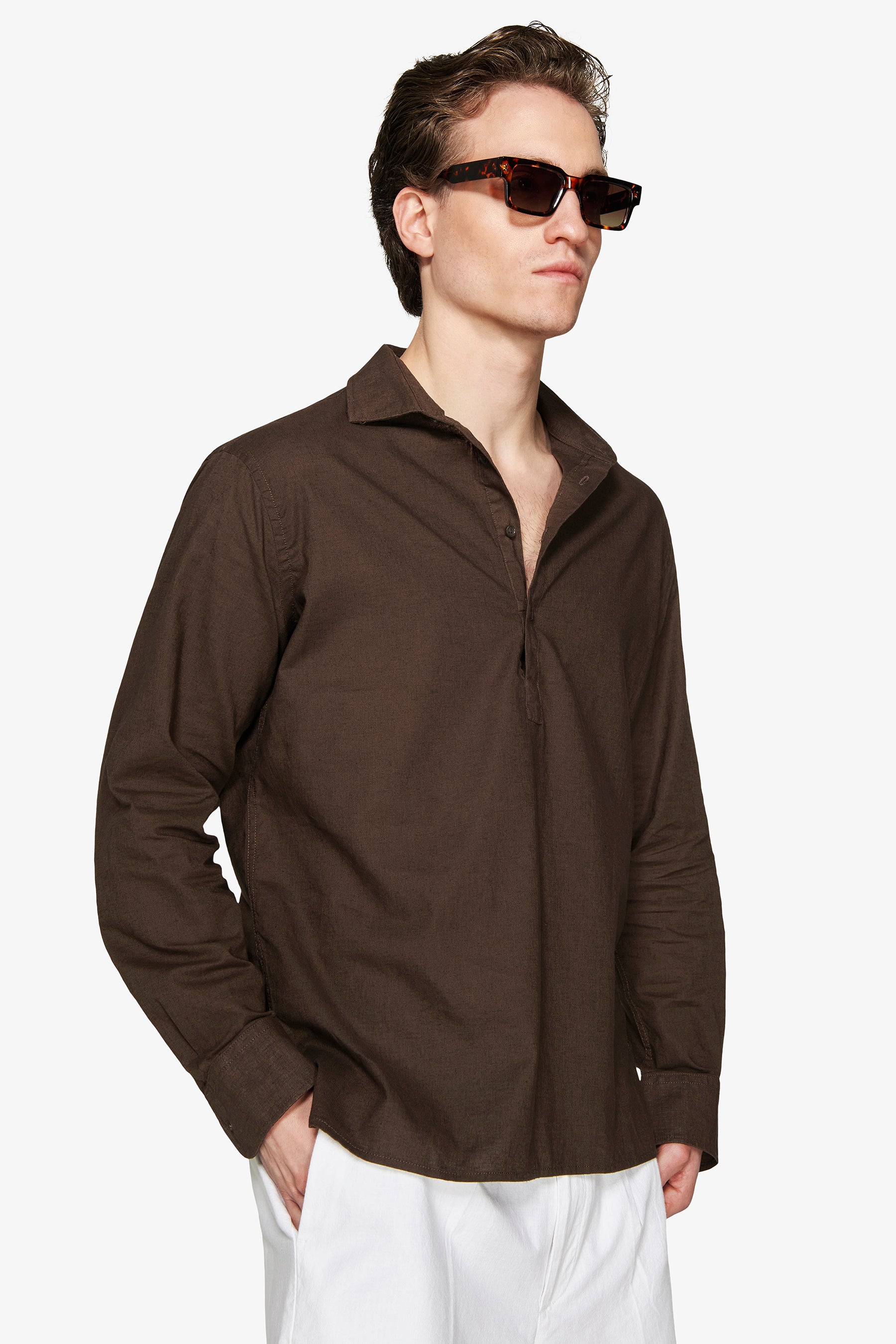VOLUME Dark brown linen blend chester shirt