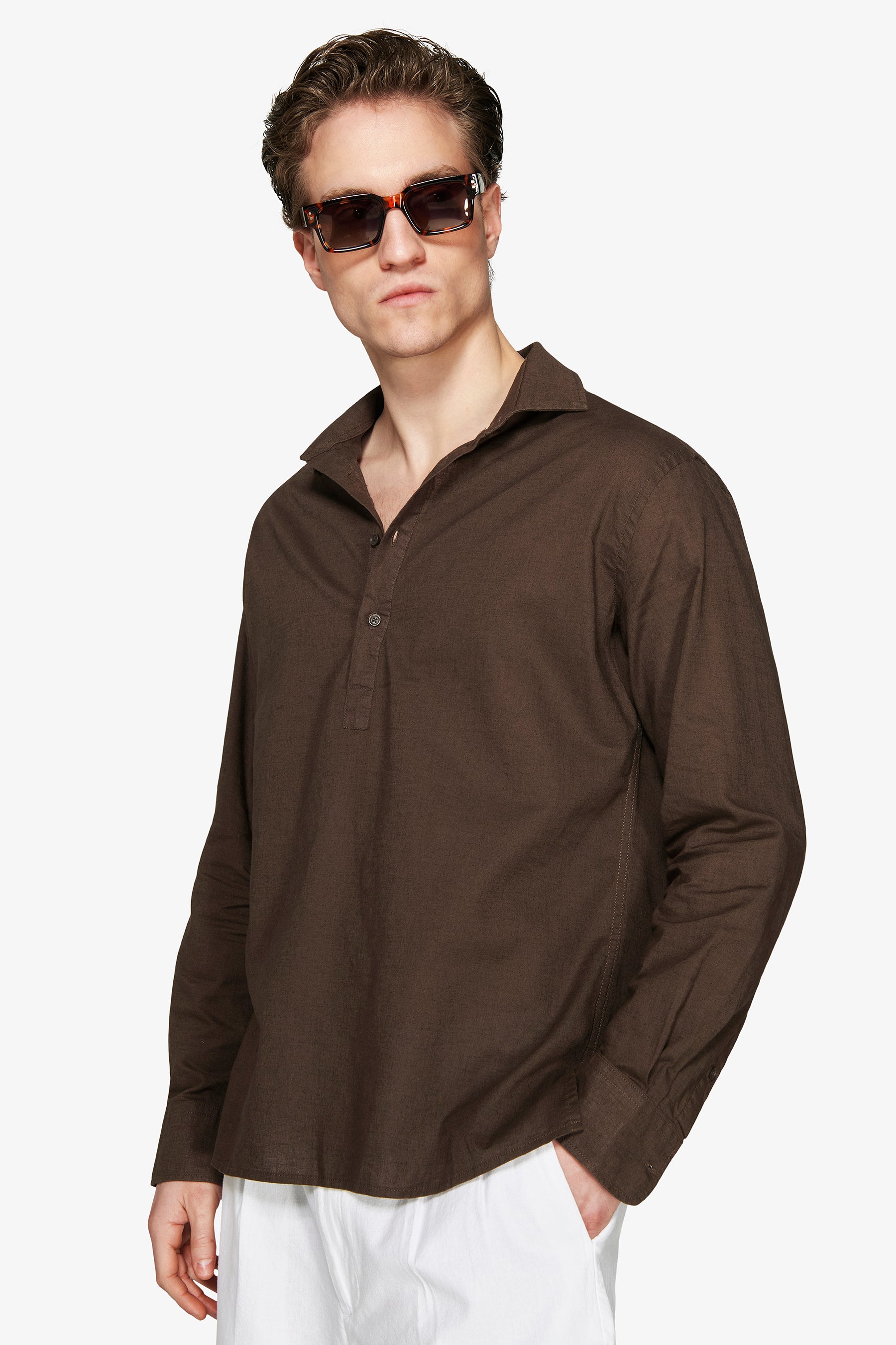 VOLUME Dark brown linen blend chester shirt