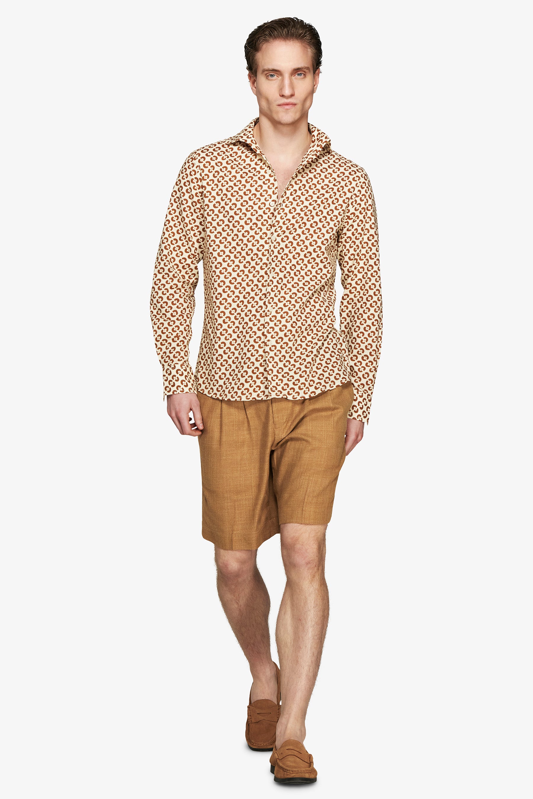 Tobacco linen blend circles print shirt