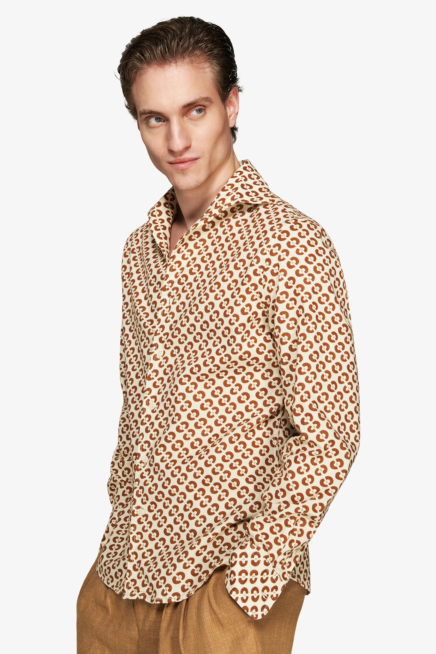 Tobacco linen blend circles print shirt