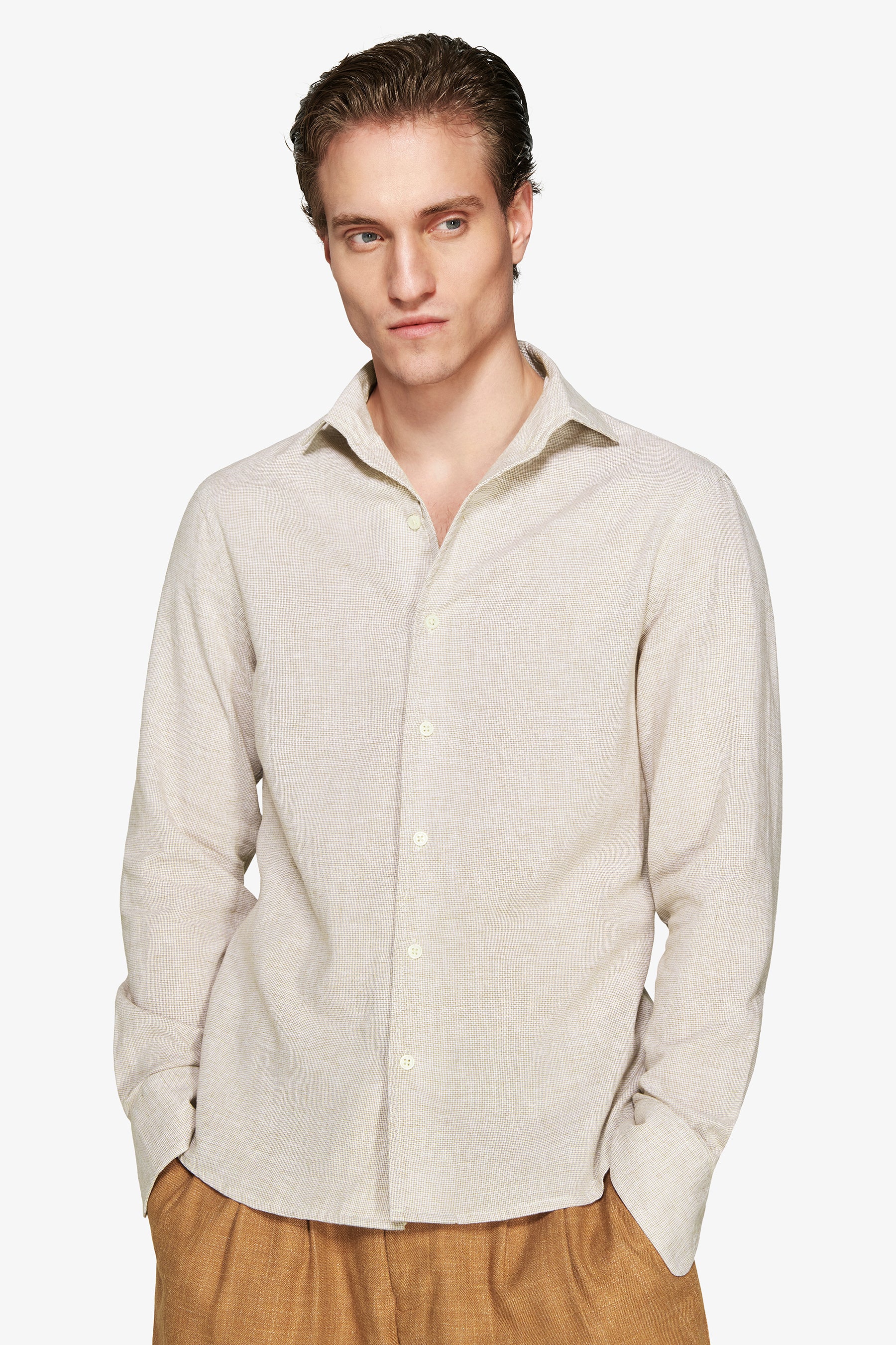 Tobacco micro pattern linen blend shirt