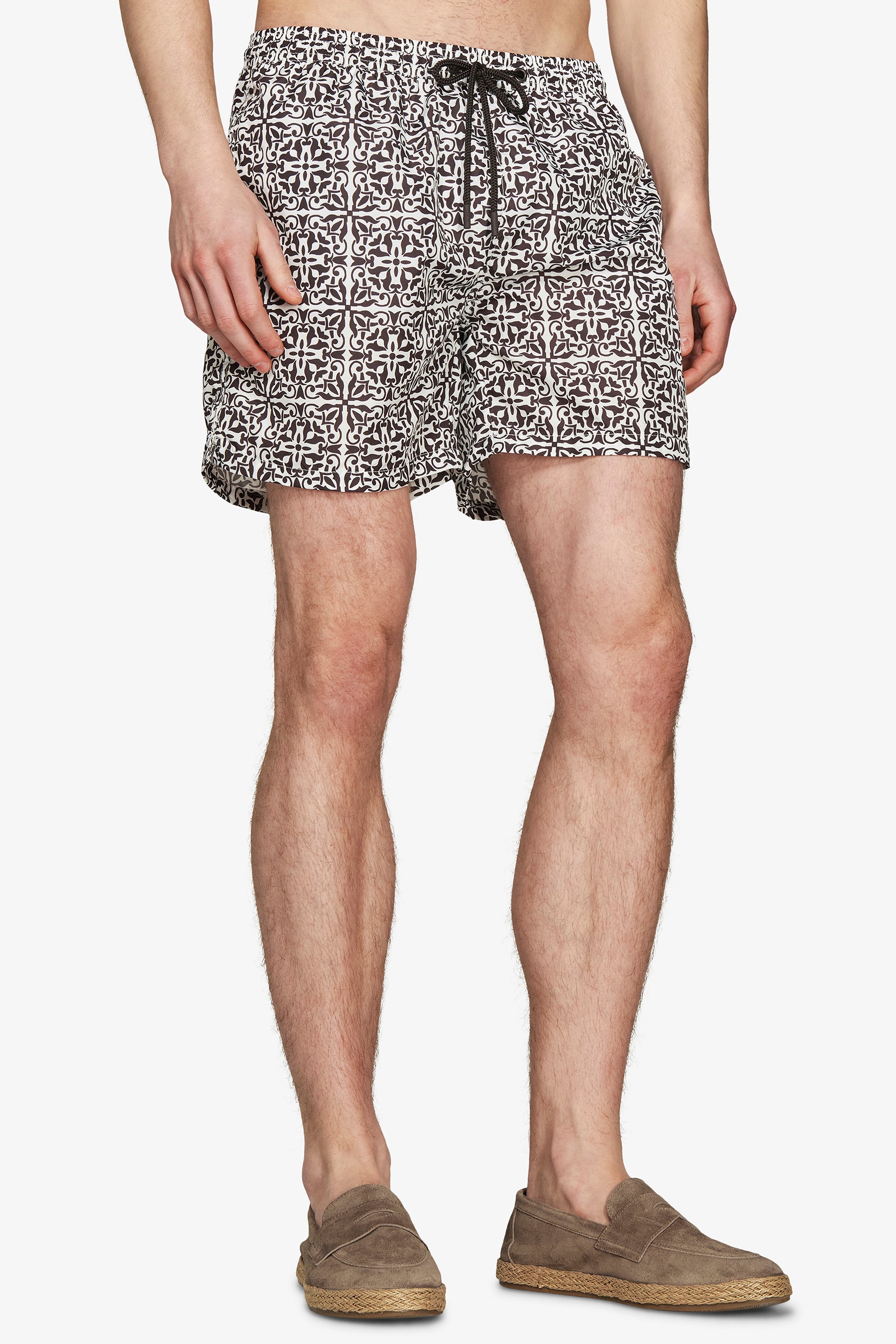 Dark brown ethnic print swim trunks