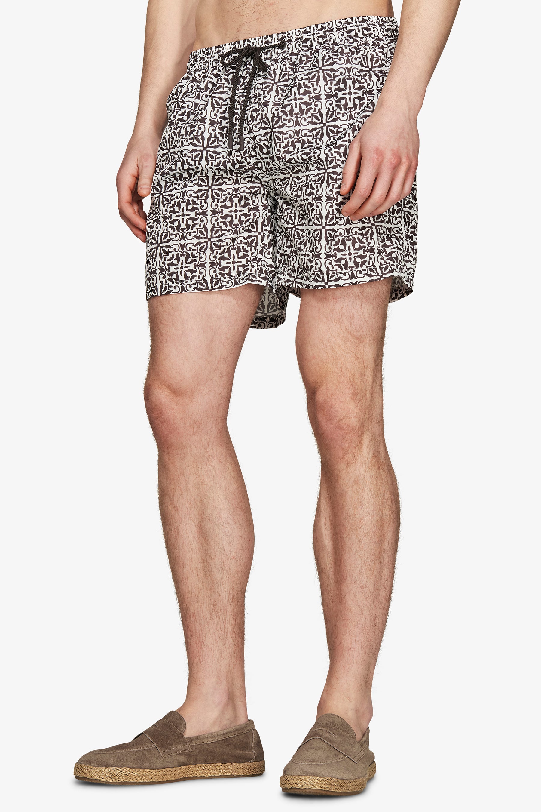 Dark brown ethnic print swim trunks