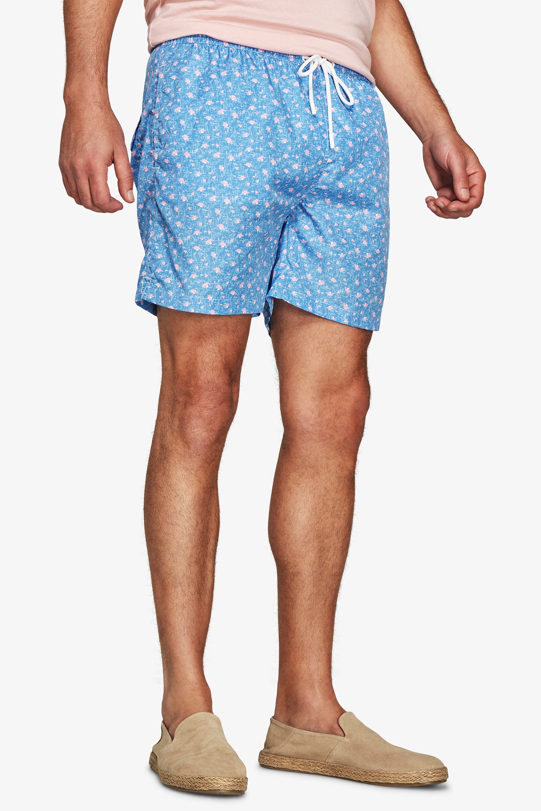 Light blue micro floral print swim trunks