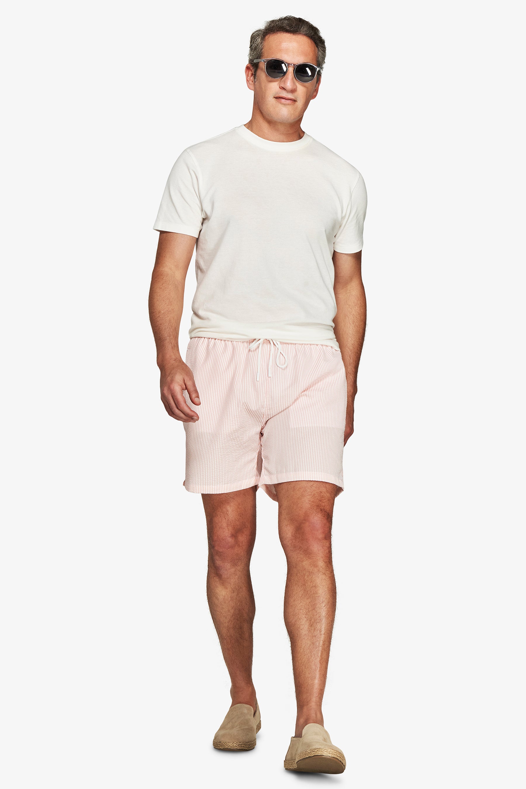 Pink striped seersucker swim trunks