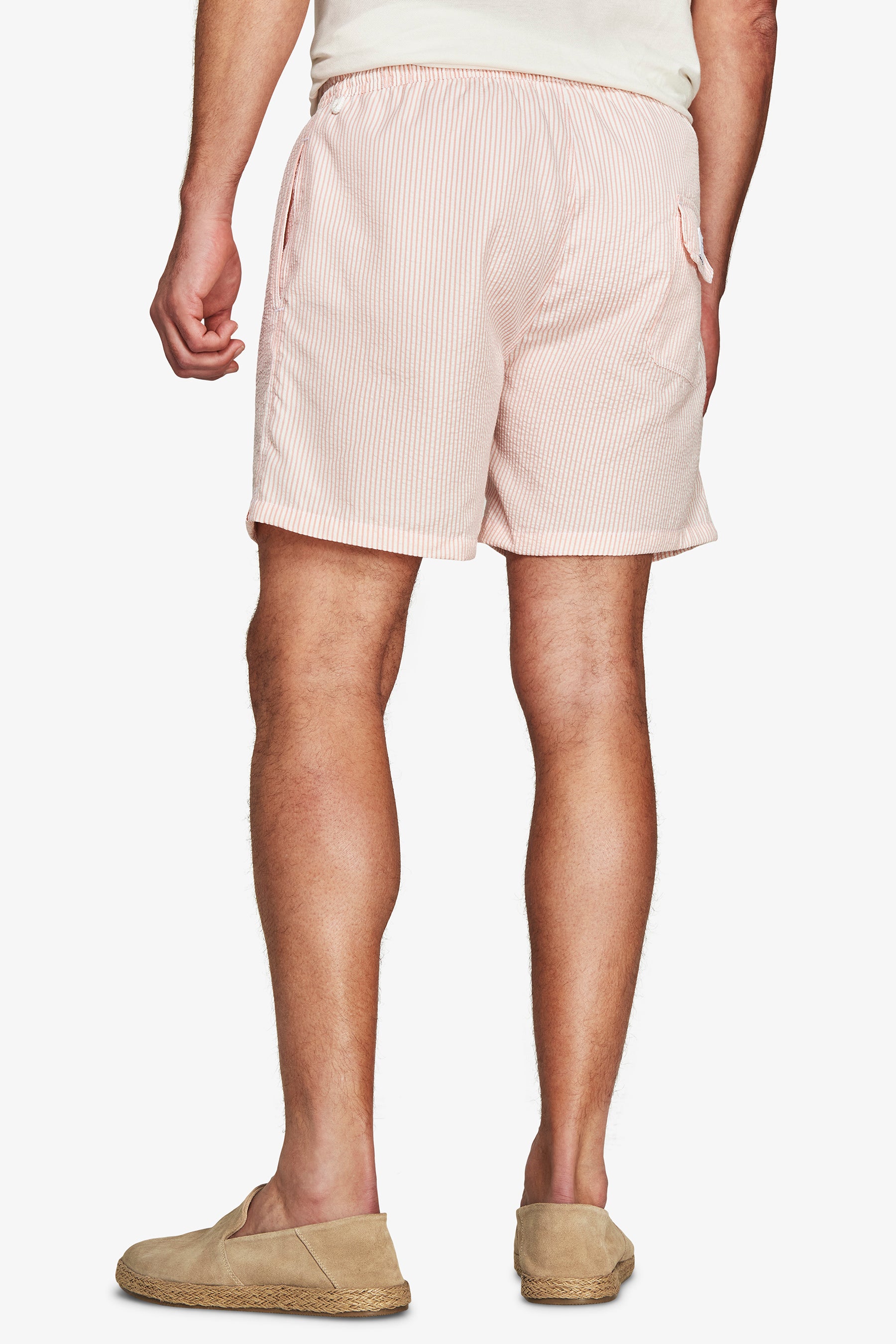 Pink striped seersucker swim trunks