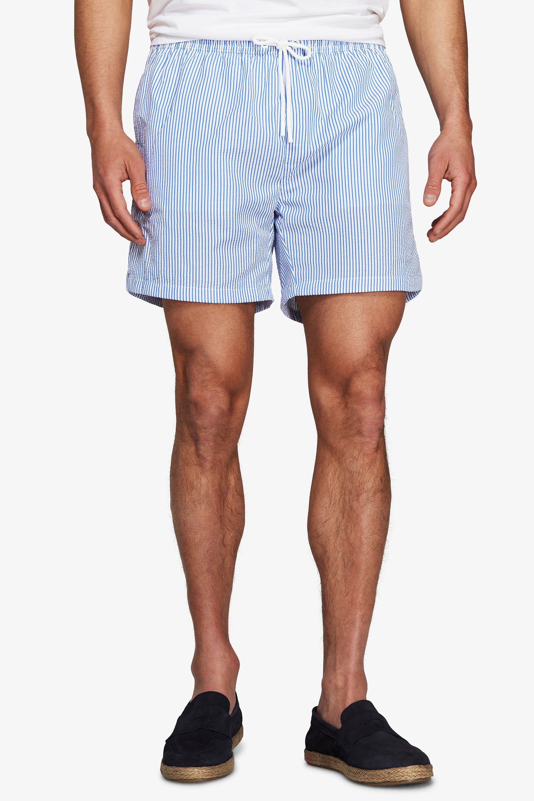Light blue seersucker striped swim trunks