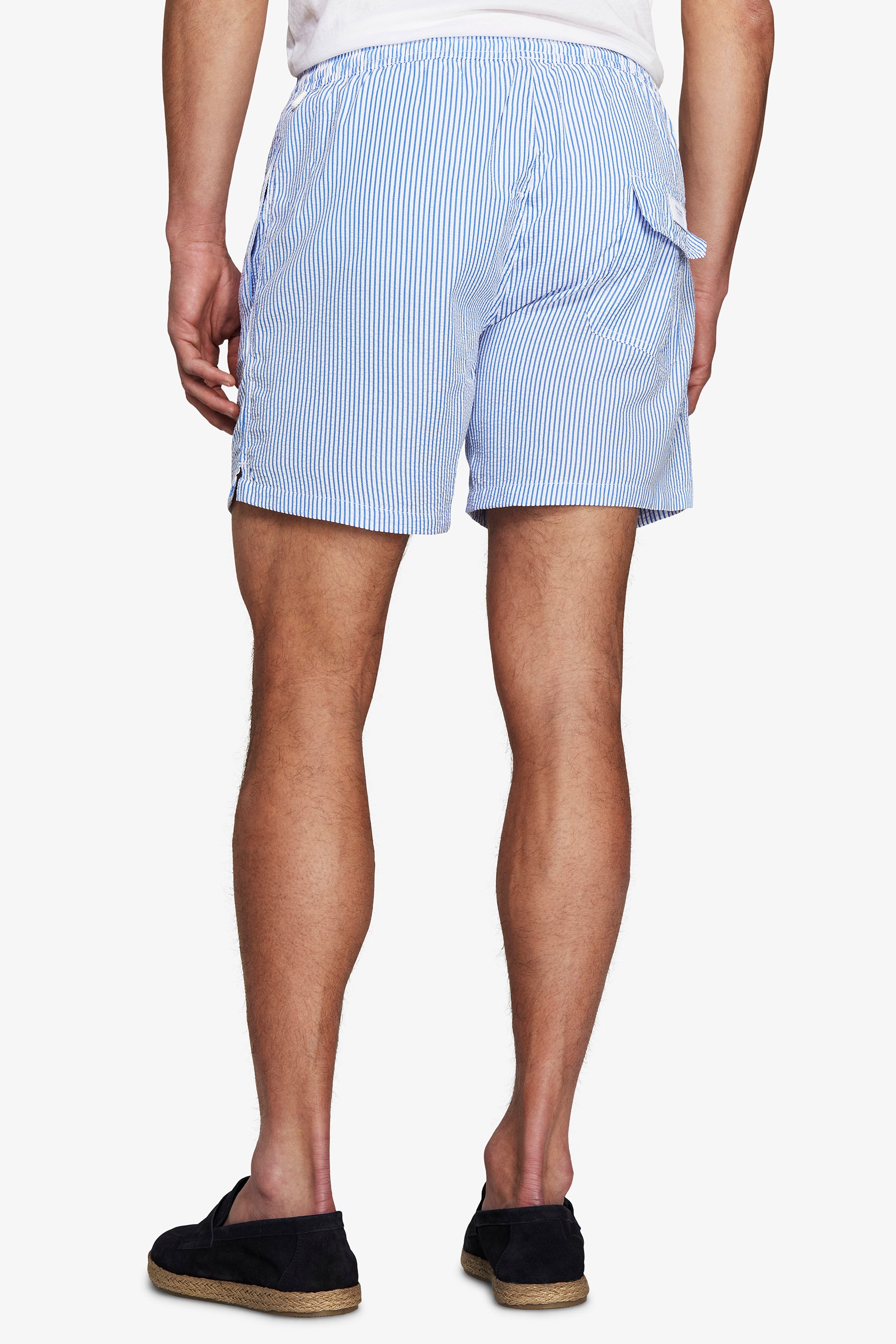 Light blue seersucker striped swim trunks