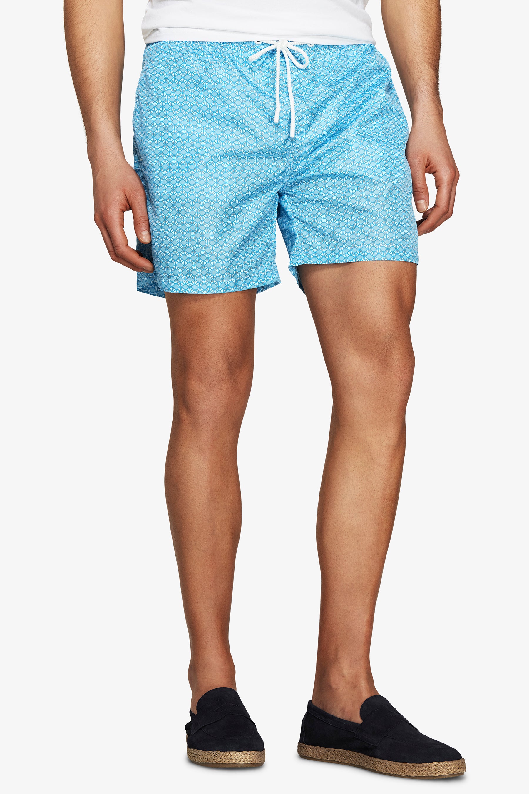 Light blue geometric print swim trunks