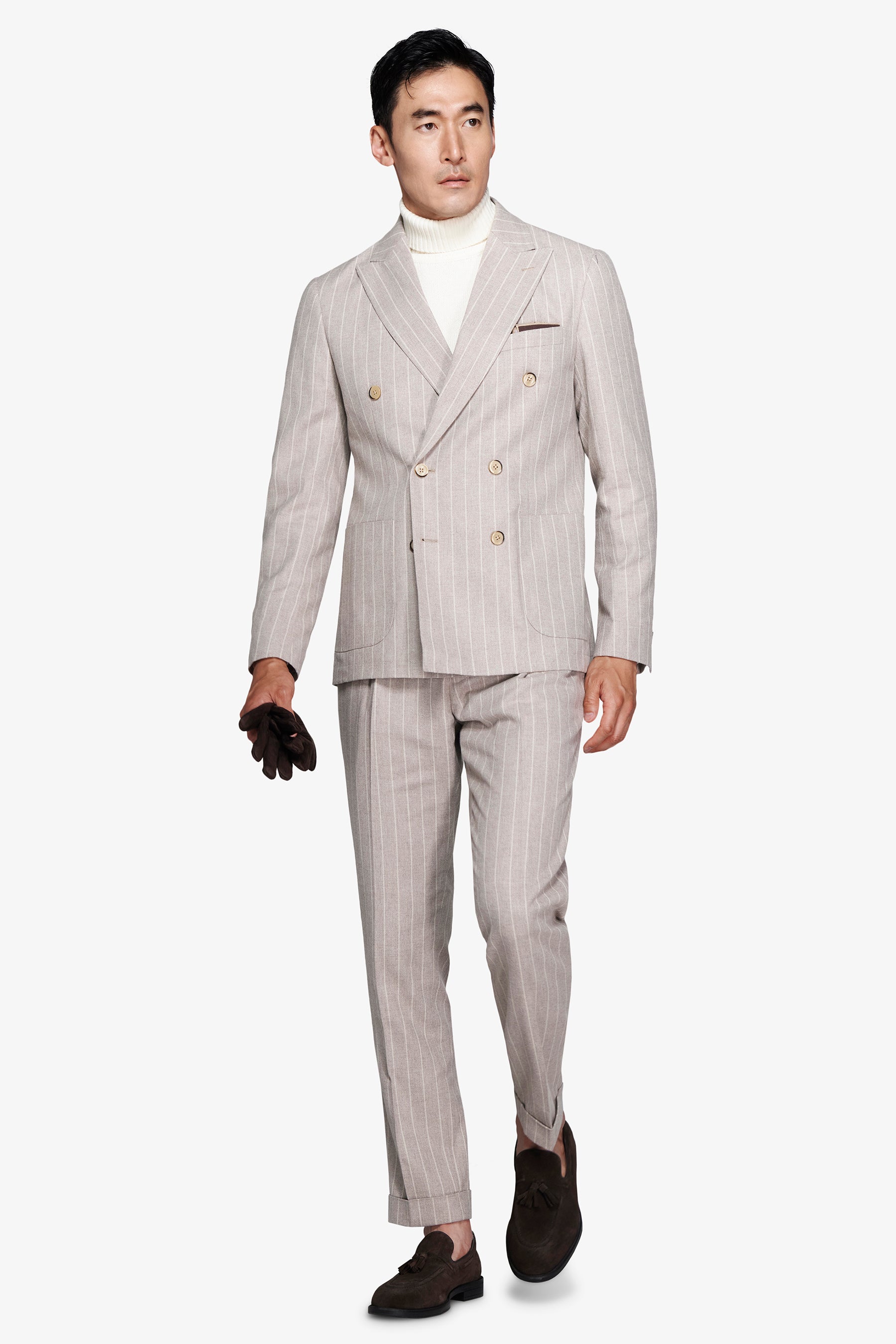 Taupe double-breasted pinstripe blazer