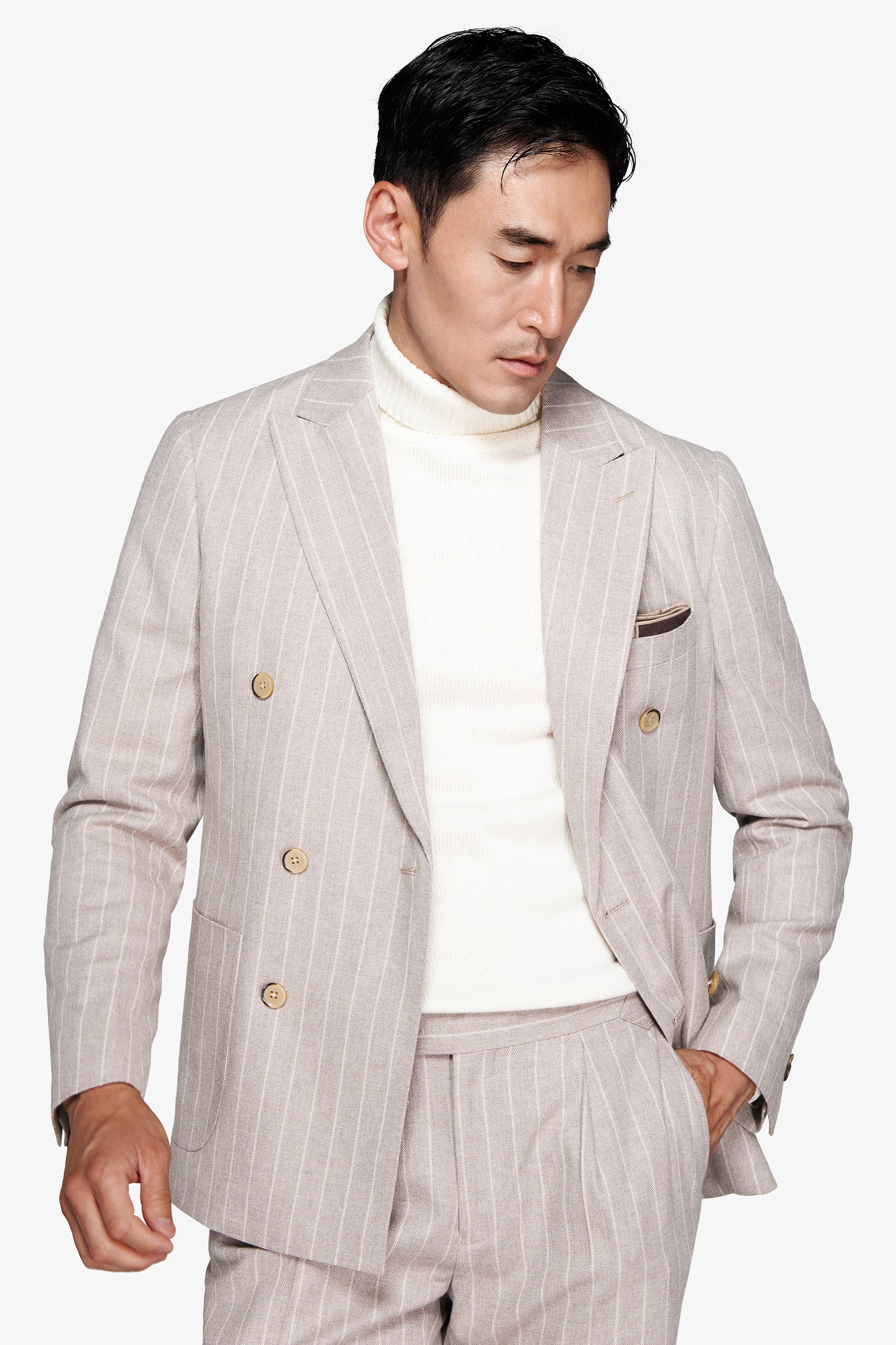 Taupe double-breasted pinstripe blazer