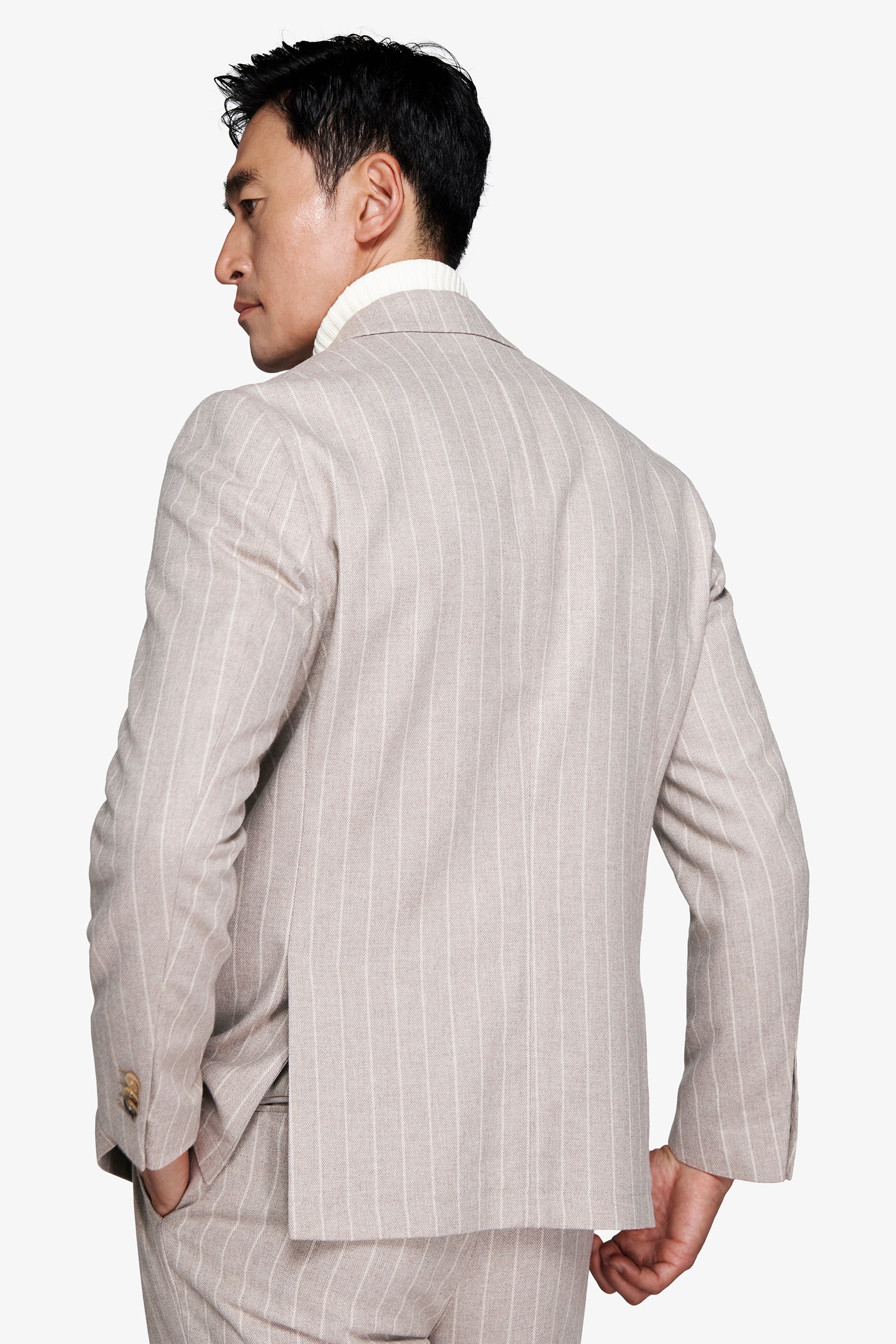 Taupe double-breasted pinstripe blazer