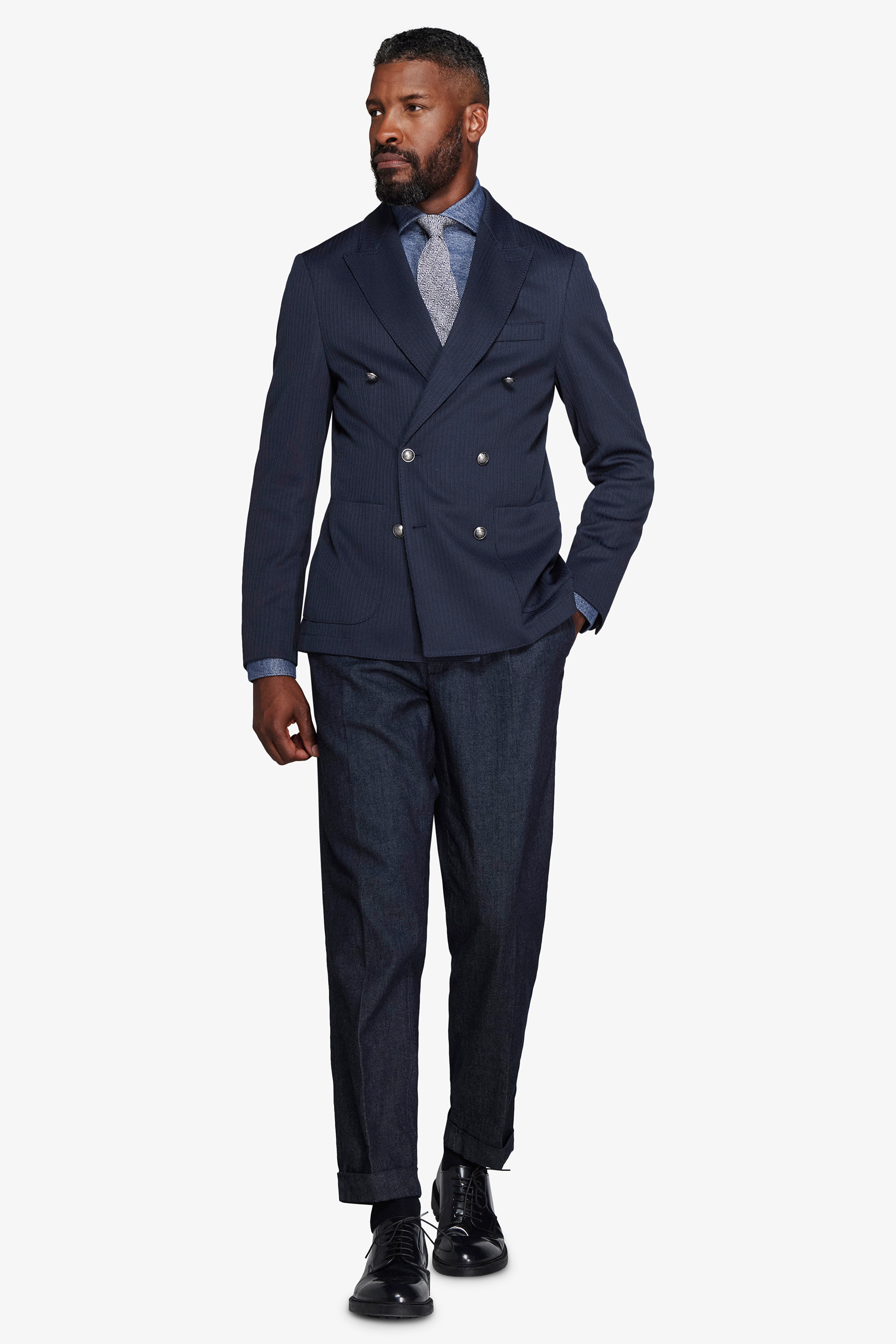 Giacca doppiopetto jersey operato blu-Dan John