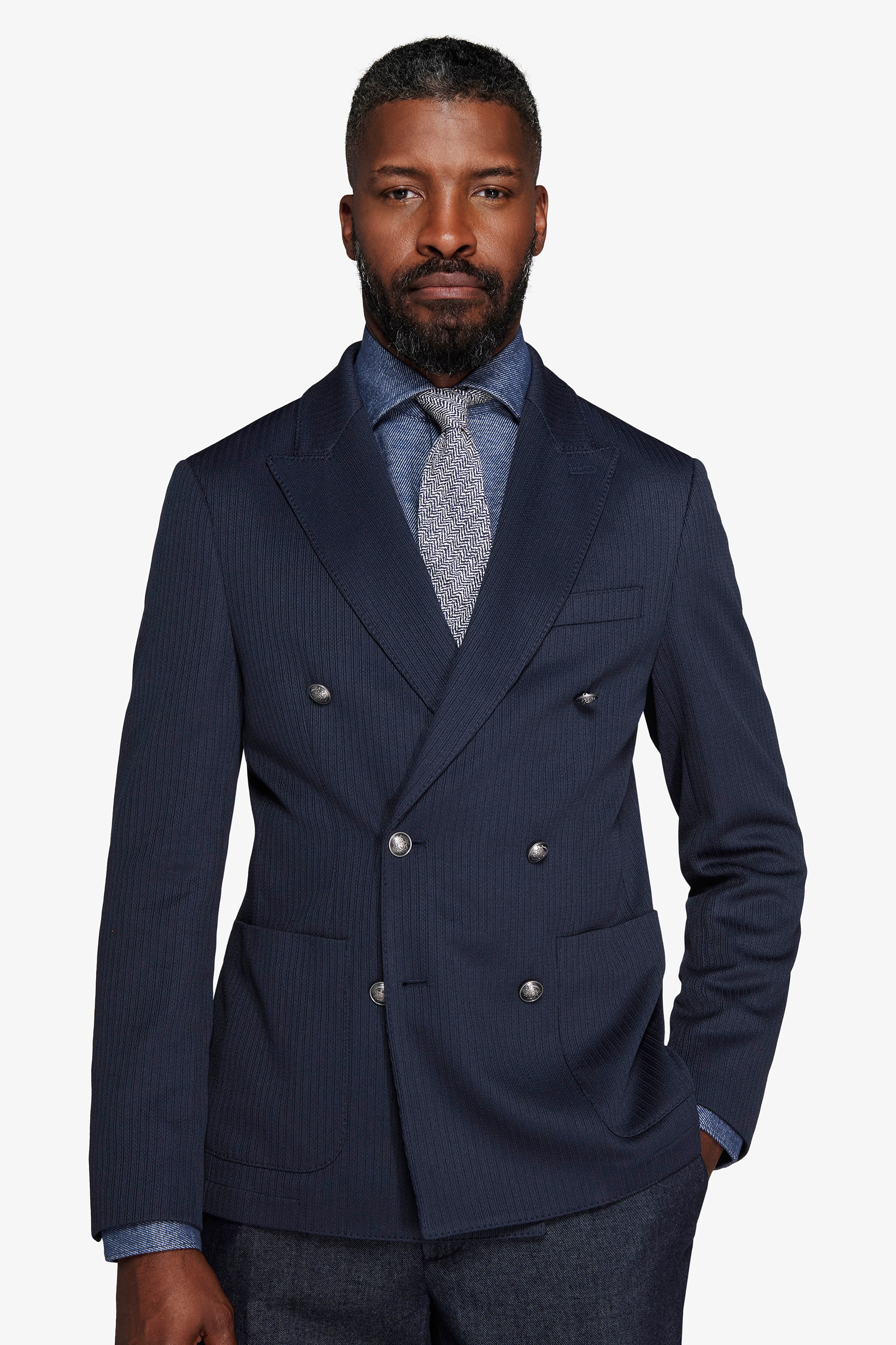 Giacca doppiopetto jersey operato blu-Dan John