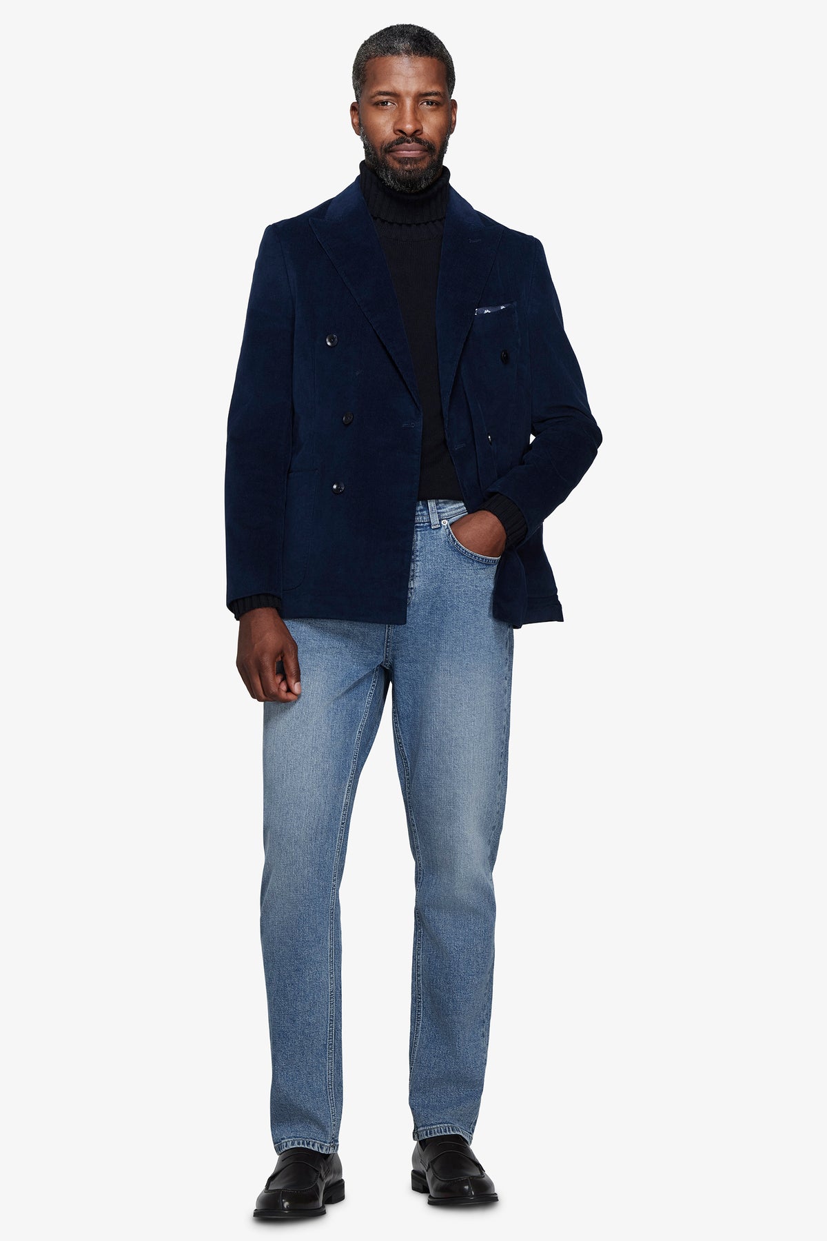 Giacca doppiopetto velluto millerighe denim