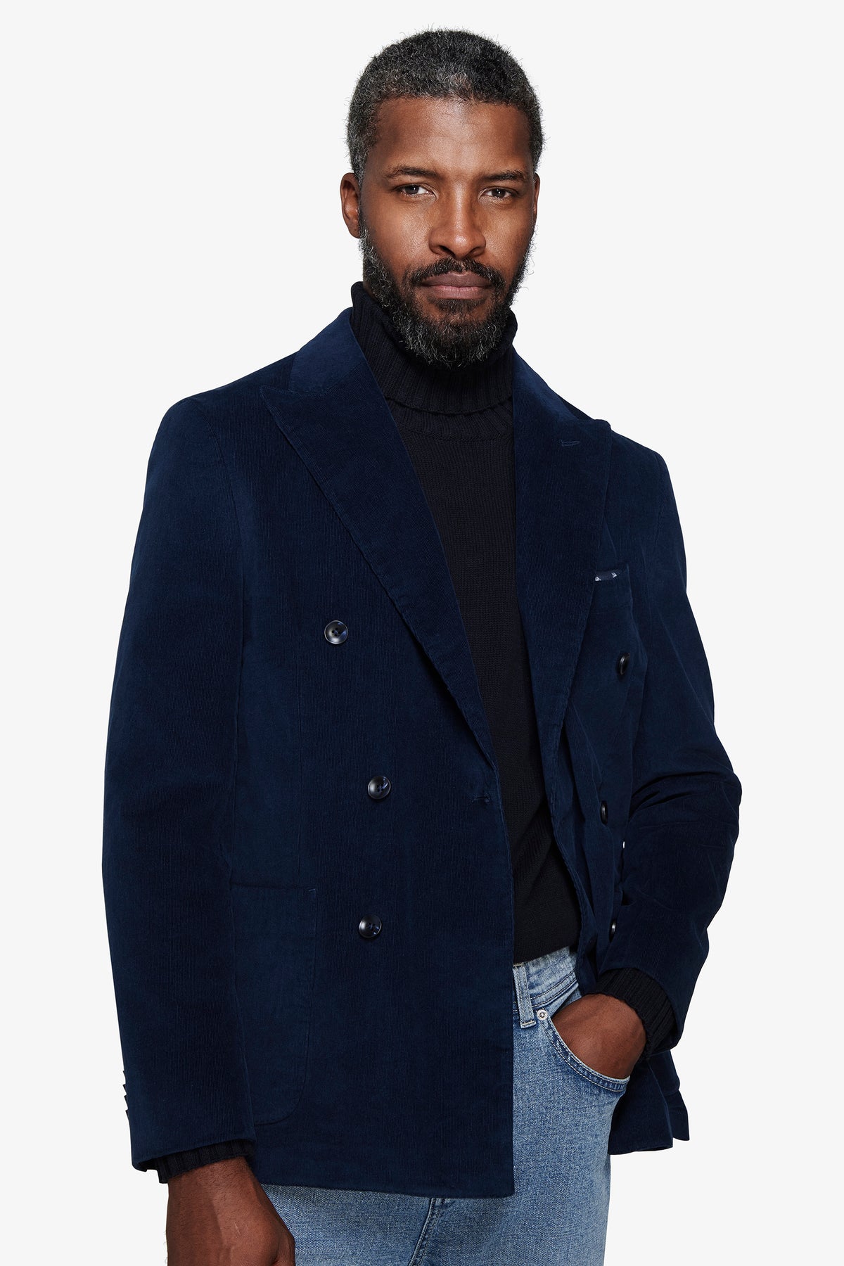 Giacca doppiopetto velluto millerighe denim